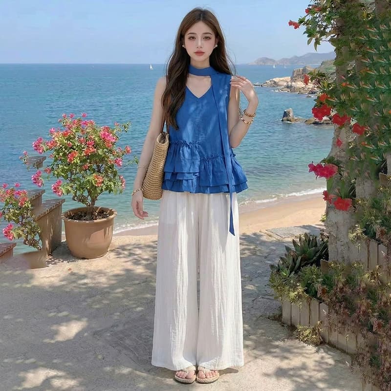 2026 여름 도파민 밝은 착용 가져 가라. 고급 센스 아마 민소매 티셔츠 세트 여성 이미지 2