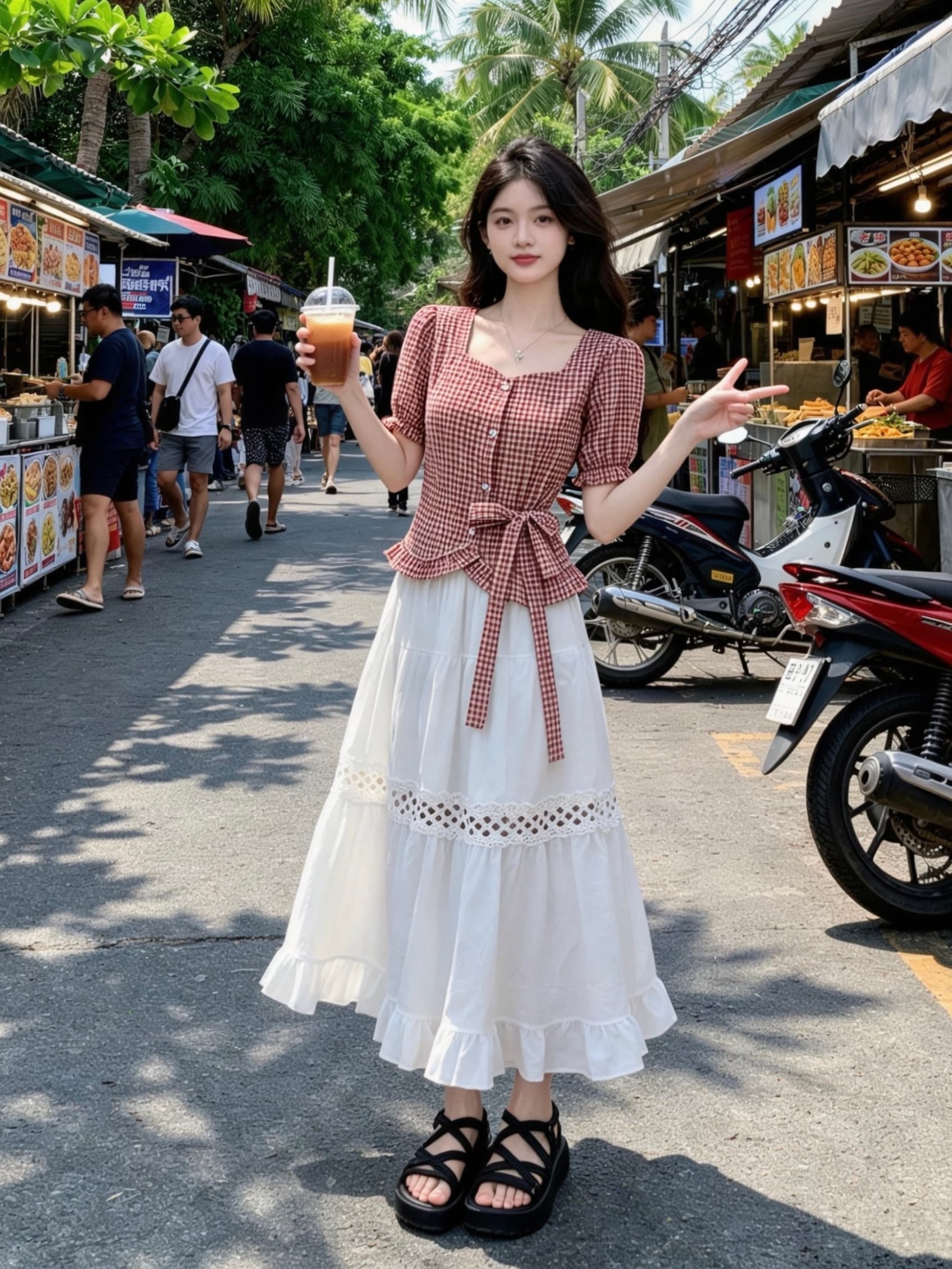 프랑스식 광장 칼라 체크무늬 불규칙 허리 수축 스트랩 거품 소매 반팔 셔츠 여름 세트 여성 반신 치마 이미지 2