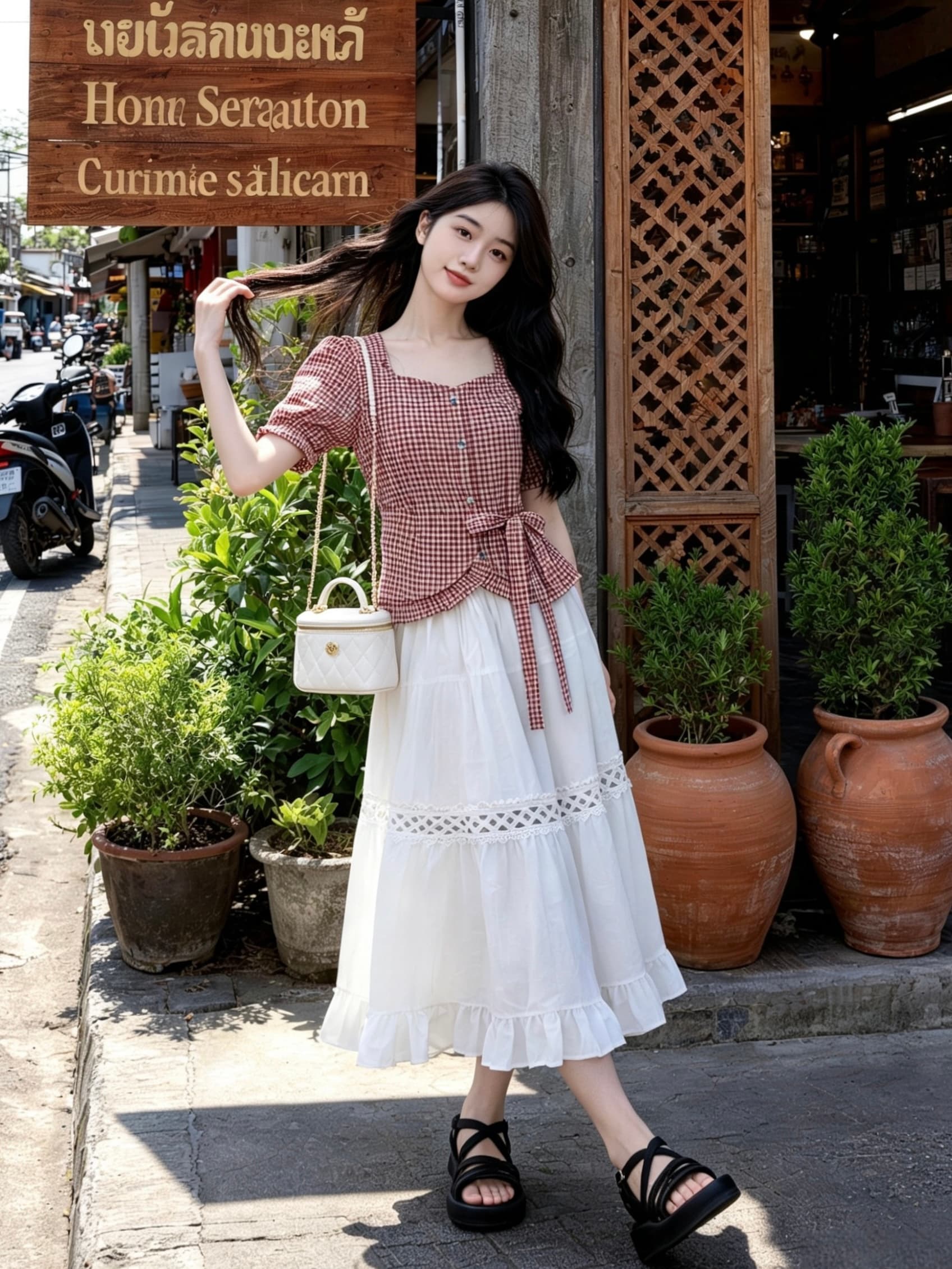 프랑스식 광장 칼라 체크무늬 불규칙 허리 수축 스트랩 거품 소매 반팔 셔츠 여름 세트 여성 반신 치마 이미지 4