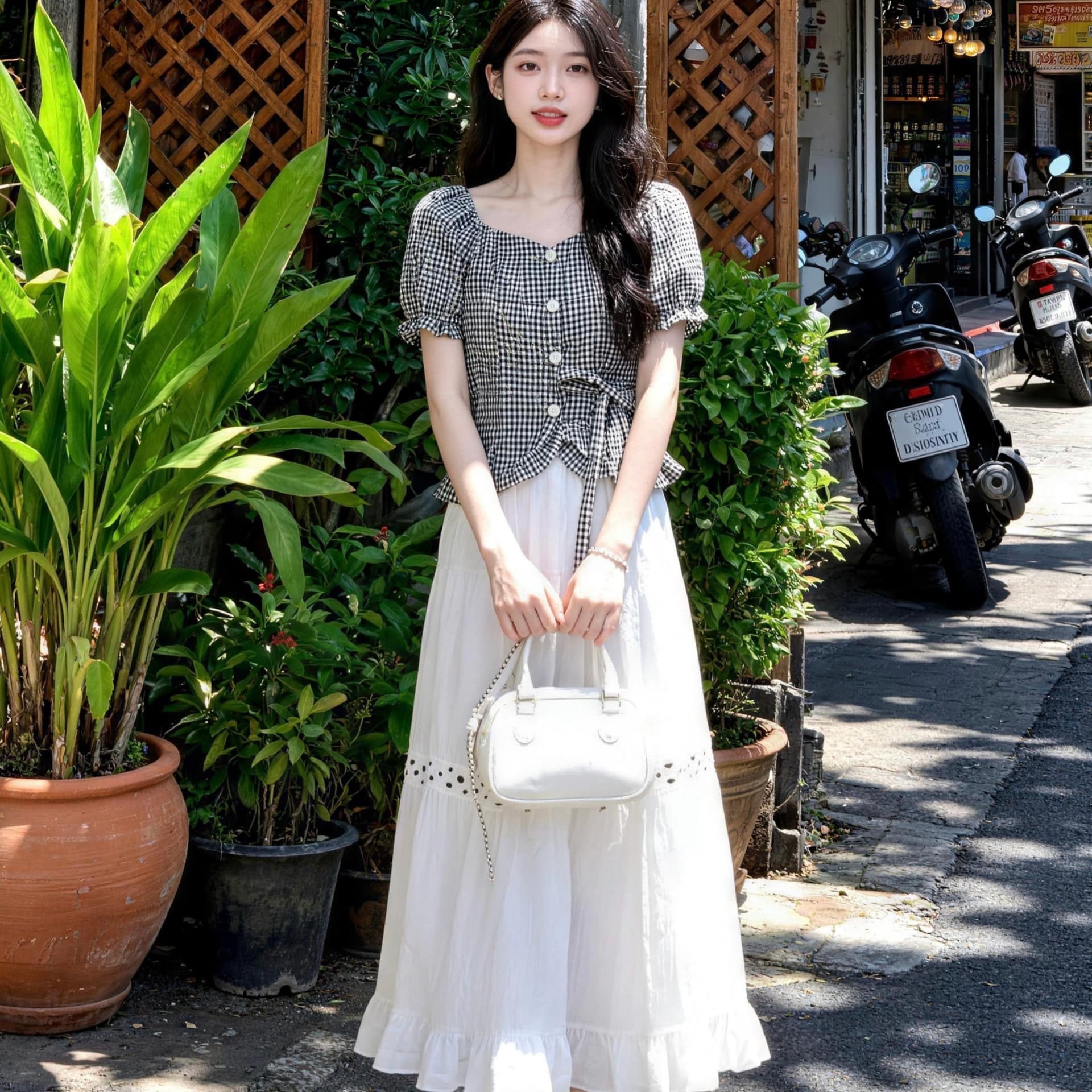 프랑스식 광장 칼라 체크무늬 불규칙 허리 수축 스트랩 거품 소매 반팔 셔츠 여름 세트 여성 반신 치마