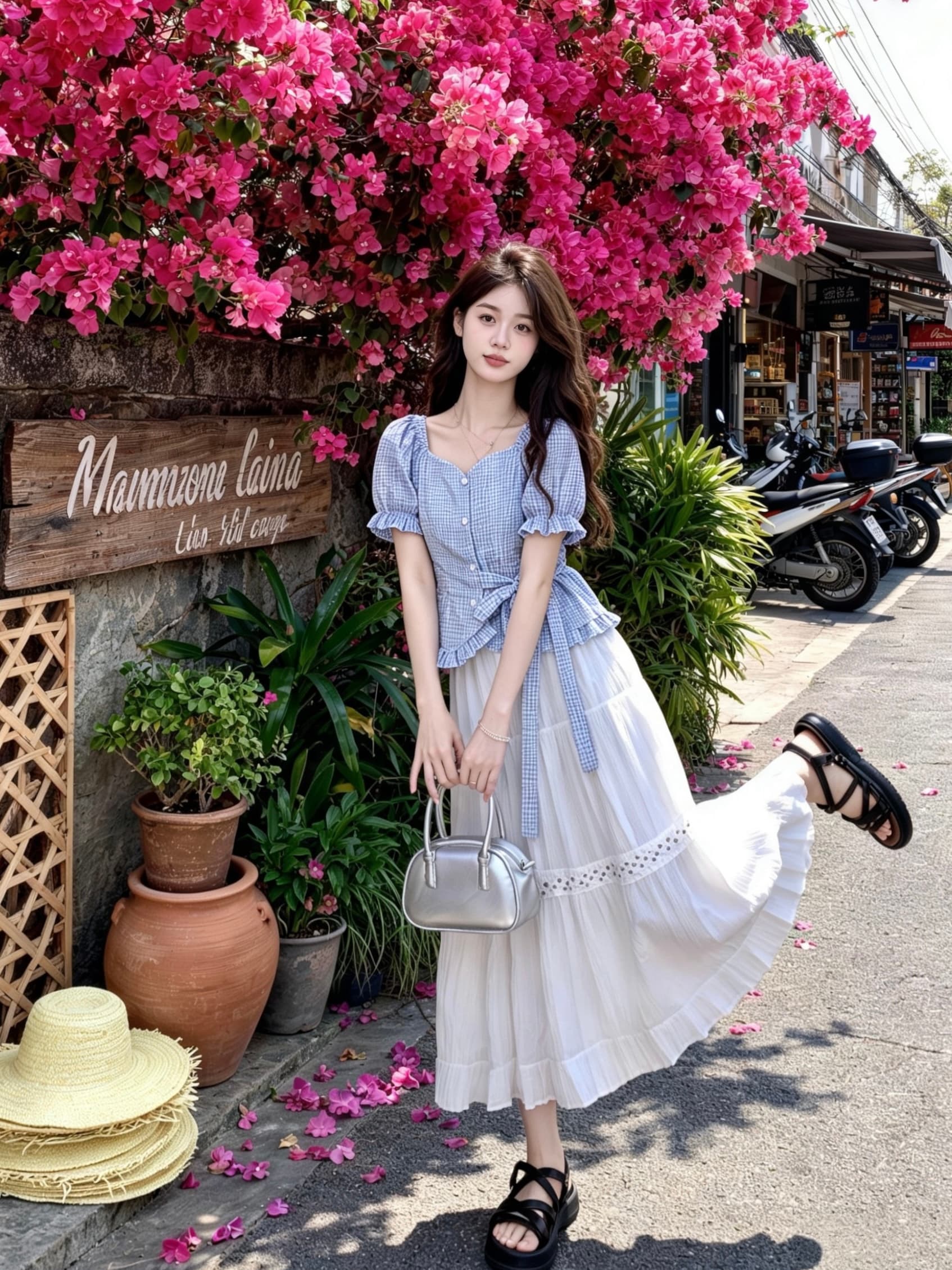 프랑스식 광장 칼라 체크무늬 불규칙 허리 수축 스트랩 거품 소매 반팔 셔츠 여름 세트 여성 반신 치마 상세 이미지 1