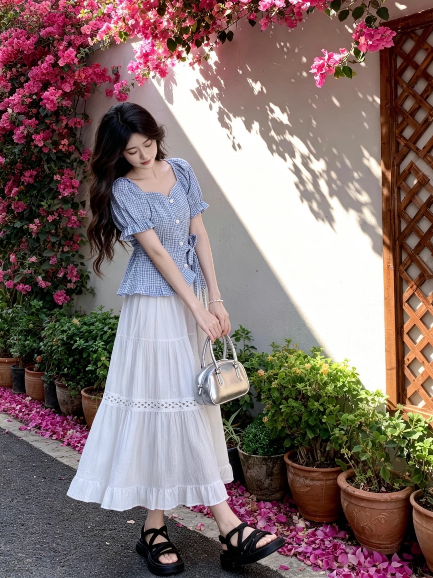 프랑스식 광장 칼라 체크무늬 불규칙 허리 수축 스트랩 거품 소매 반팔 셔츠 여름 세트 여성 반신 치마 상세 이미지 2