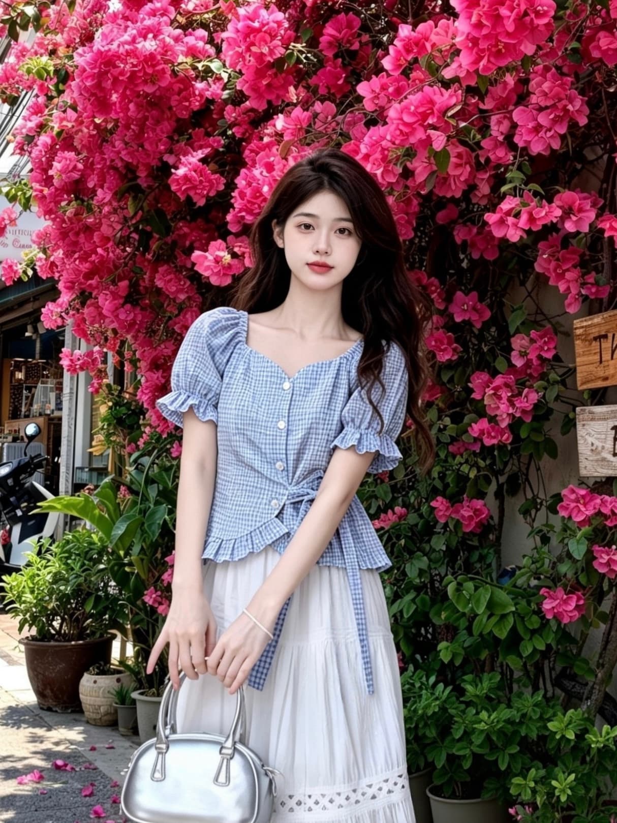 프랑스식 광장 칼라 체크무늬 불규칙 허리 수축 스트랩 거품 소매 반팔 셔츠 여름 세트 여성 반신 치마 상세 이미지 3