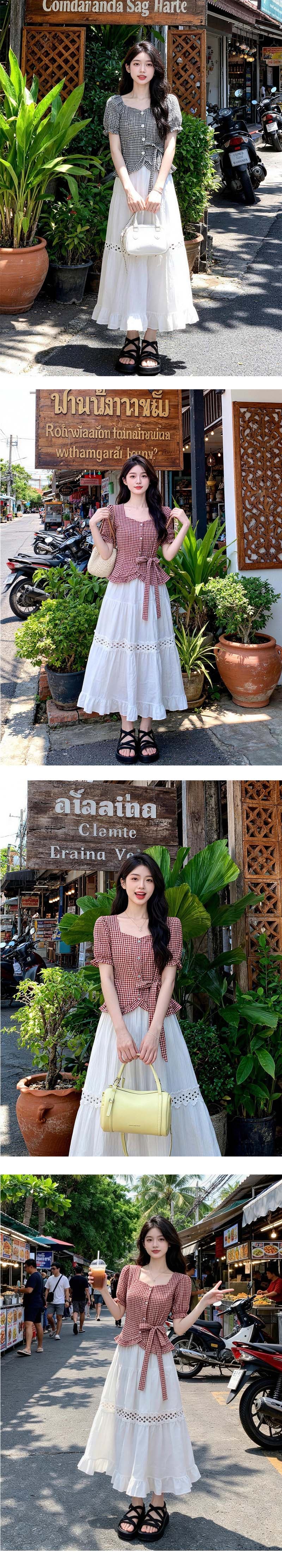 프랑스식 광장 칼라 체크무늬 불규칙 허리 수축 스트랩 거품 소매 반팔 셔츠 여름 세트 여성 반신 치마 상세 이미지 7
