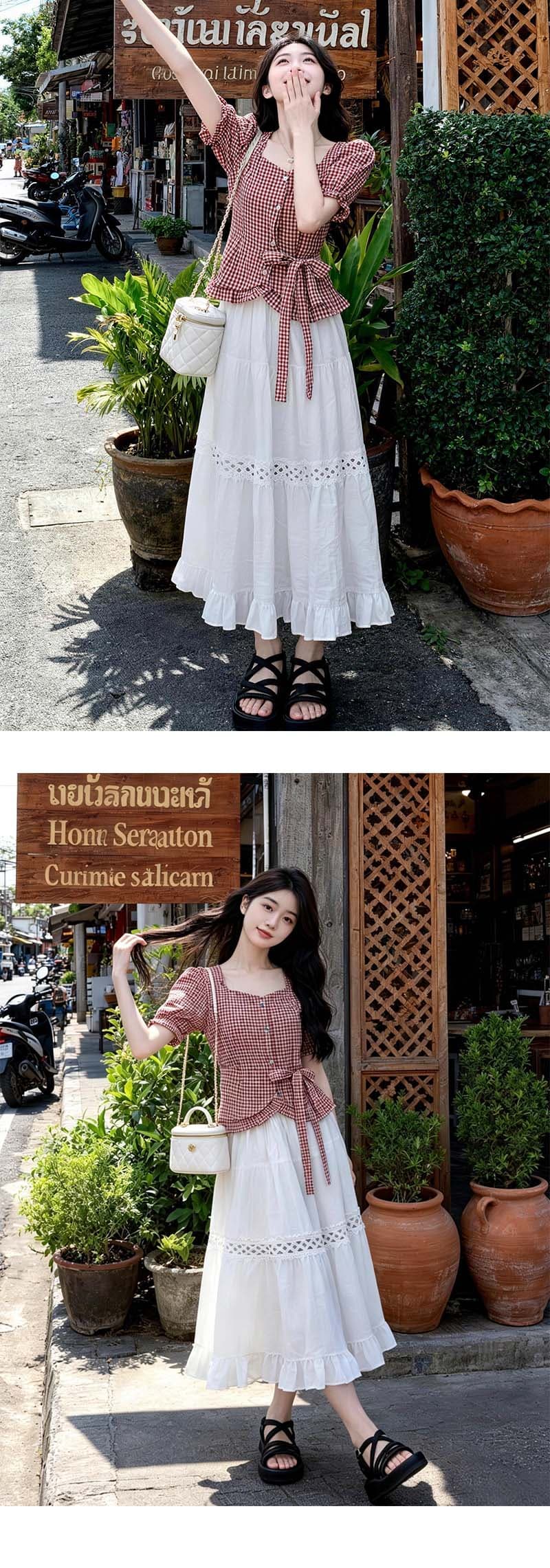 프랑스식 광장 칼라 체크무늬 불규칙 허리 수축 스트랩 거품 소매 반팔 셔츠 여름 세트 여성 반신 치마 상세 이미지 8