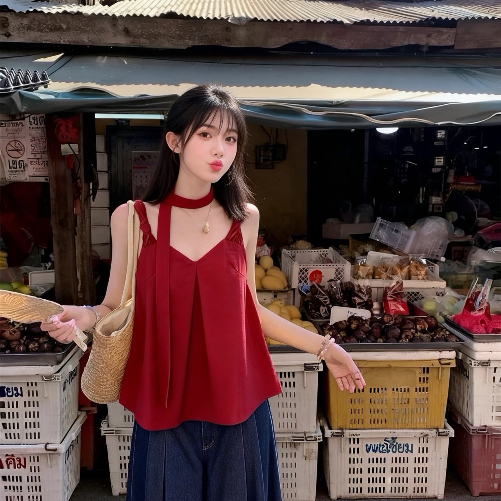 한 스타일 품격 작은 대중 V넥 매듭 캐미솔 느긋한 루즈핏 리본 민소매 맨위 화이트 바지 세트 여성 이미지 2