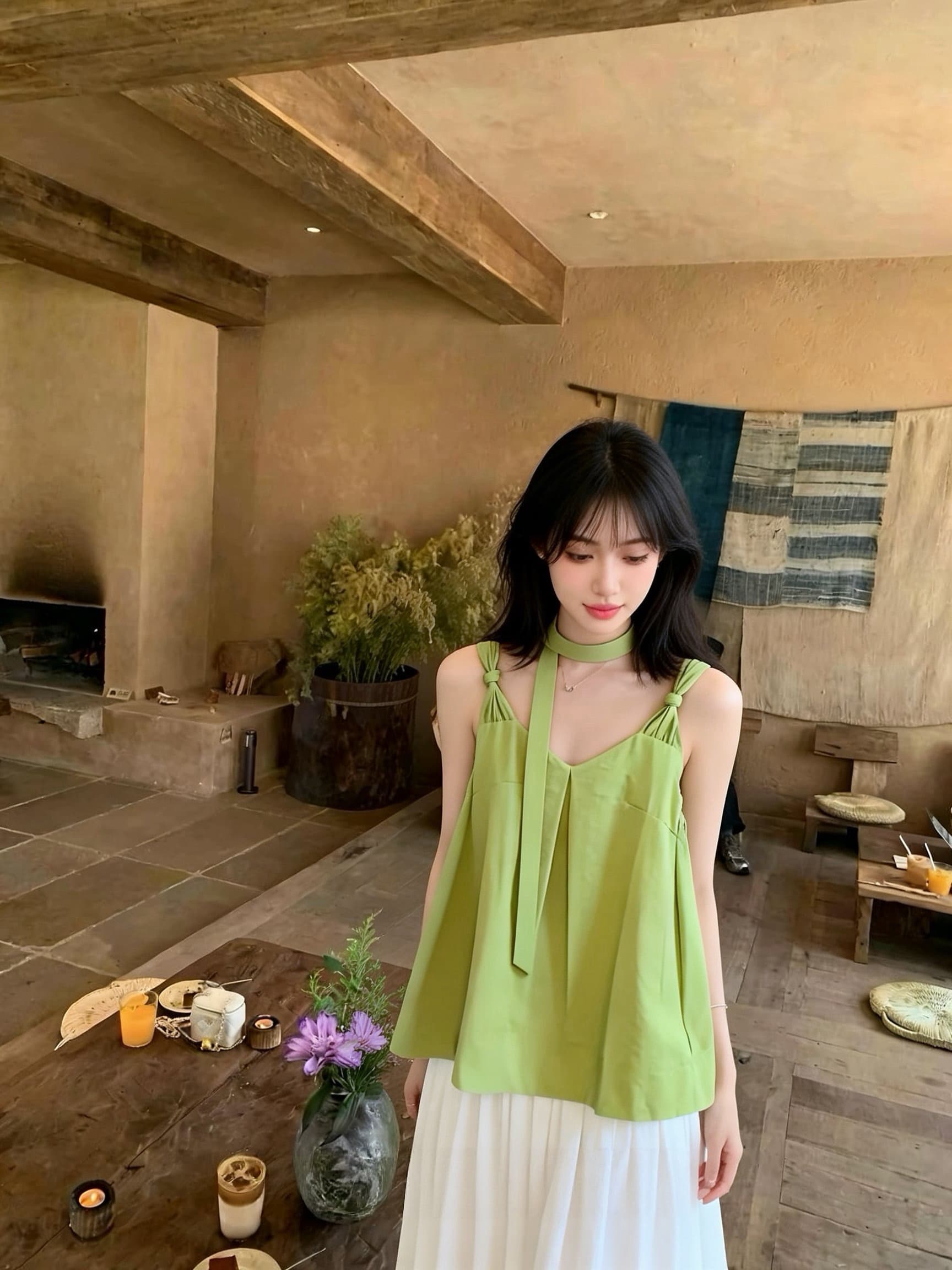 한 스타일 품격 작은 대중 Chic V넥 매듭 캐미솔 느긋한 루즈핏 리본 민소매 맨위 이미지 2