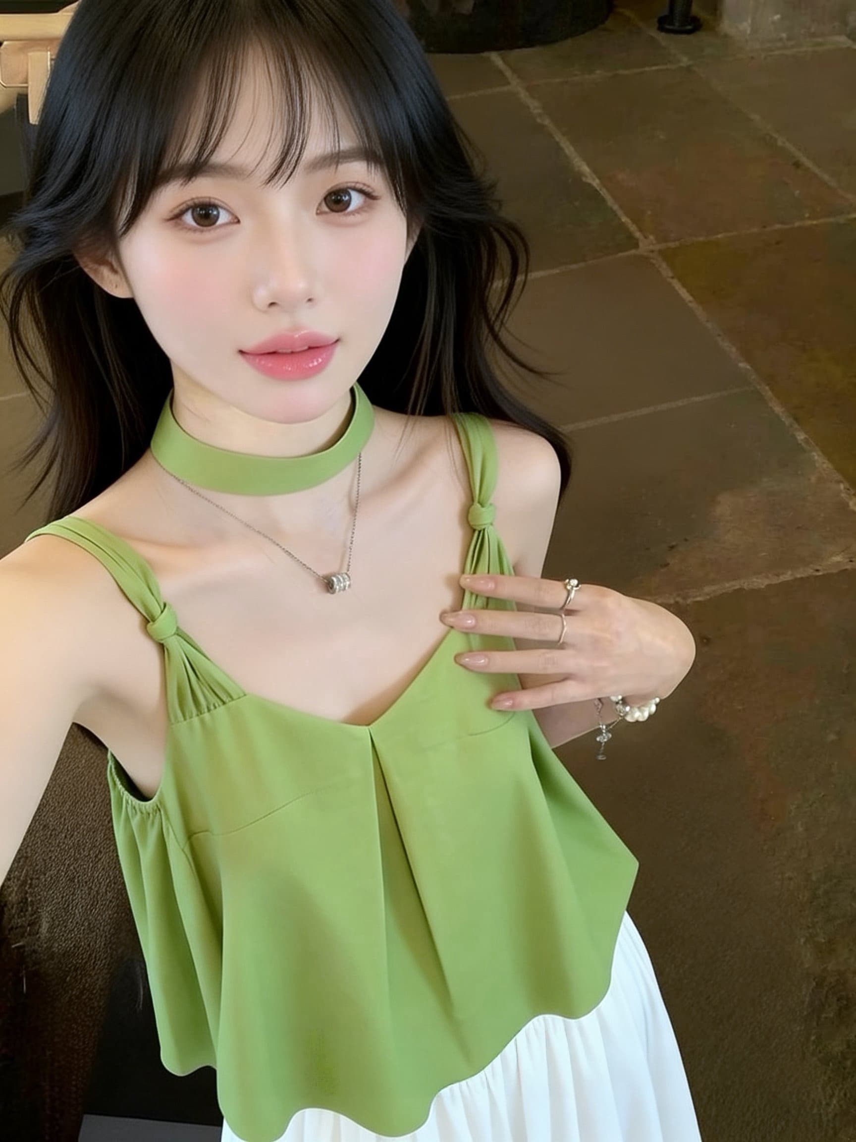 한 스타일 품격 작은 대중 V넥 매듭 캐미솔 느긋한 루즈핏 리본 민소매 맨위 화이트 바지 세트 여성 상세 이미지 2