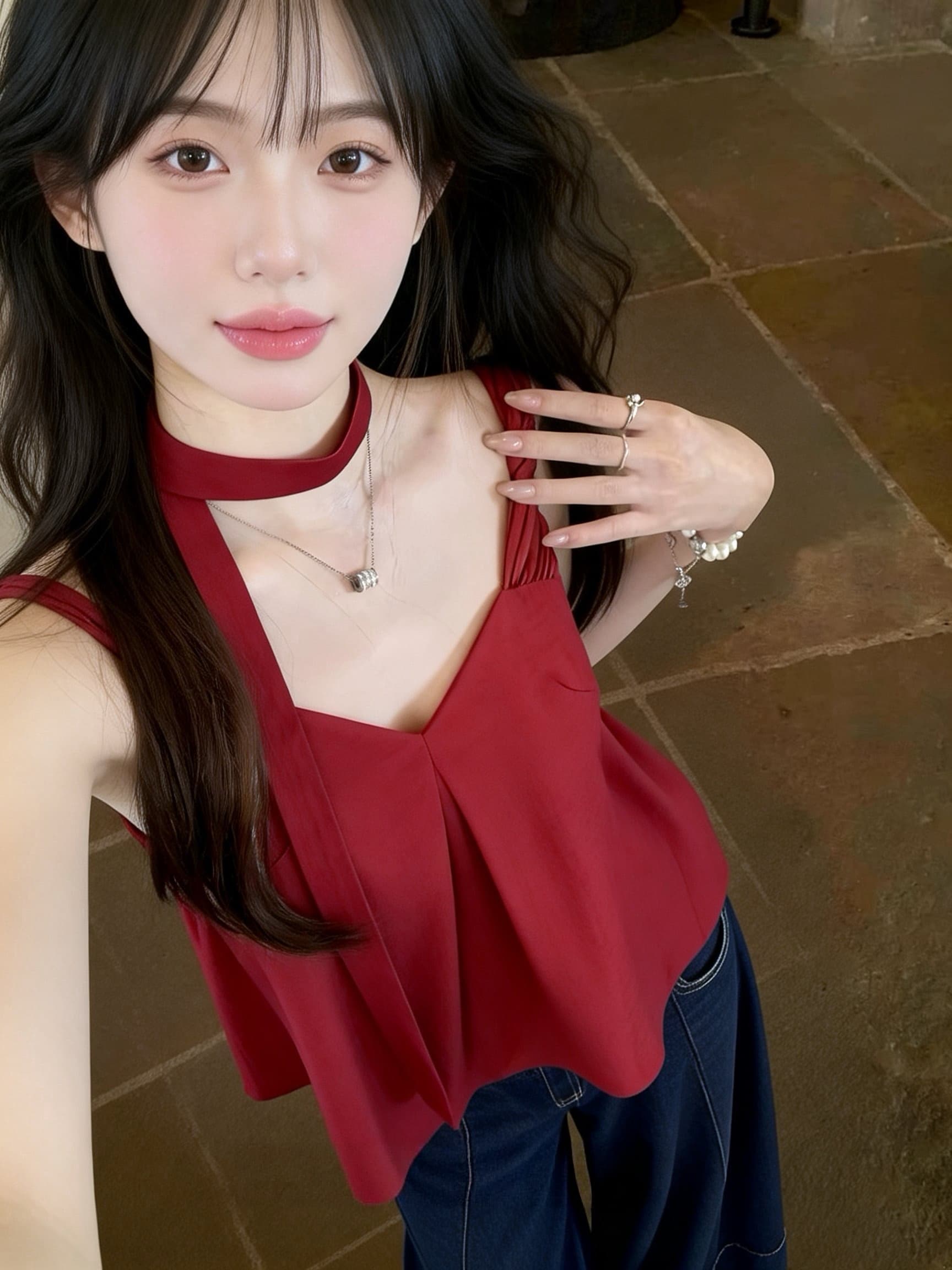 한 스타일 품격 작은 대중 V넥 매듭 캐미솔 느긋한 루즈핏 리본 민소매 맨위 화이트 바지 세트 여성 상세 이미지 3
