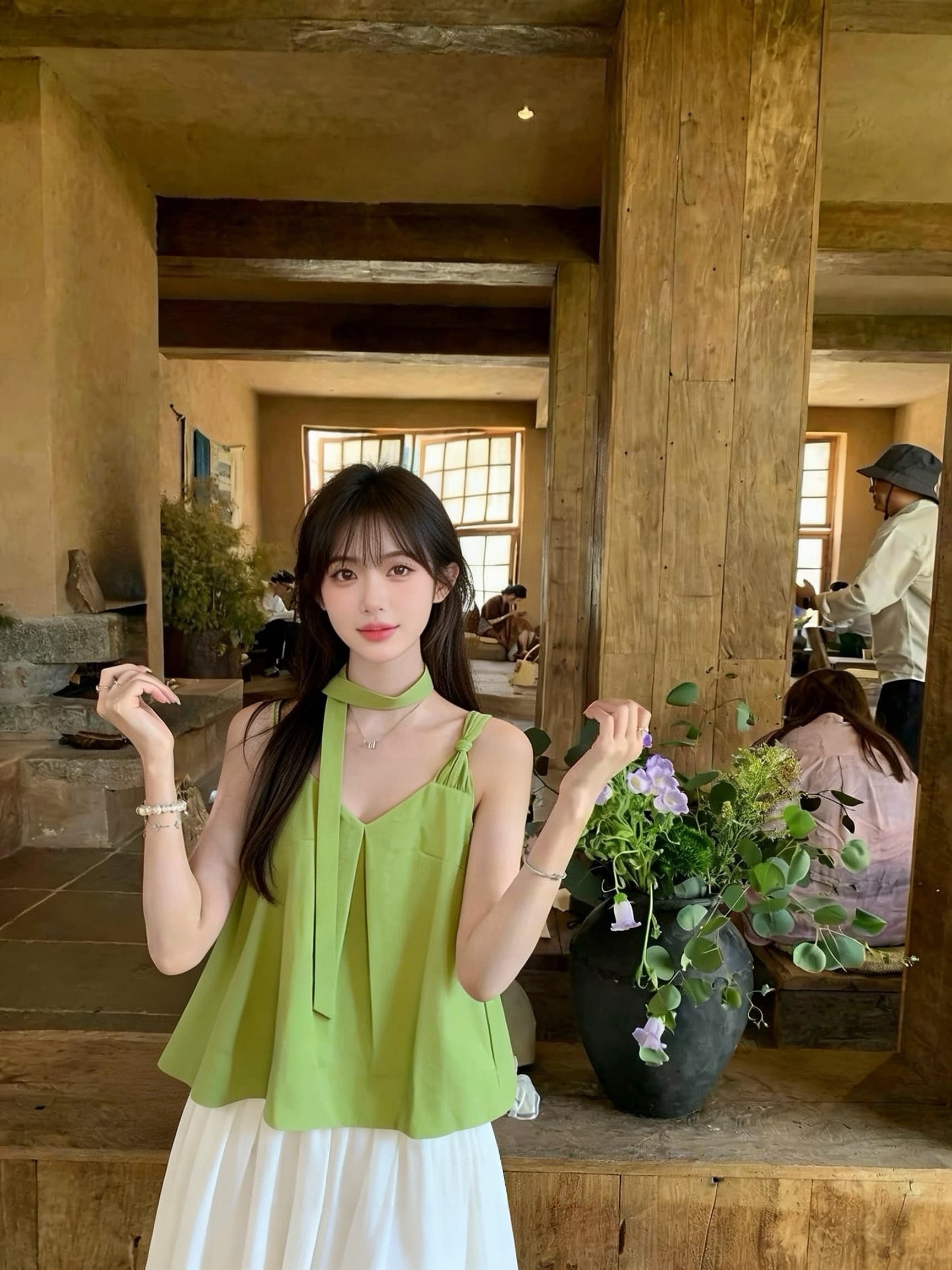 한 스타일 품격 작은 대중 V넥 매듭 캐미솔 느긋한 루즈핏 리본 민소매 맨위 화이트 바지 세트 여성 상세 이미지 8