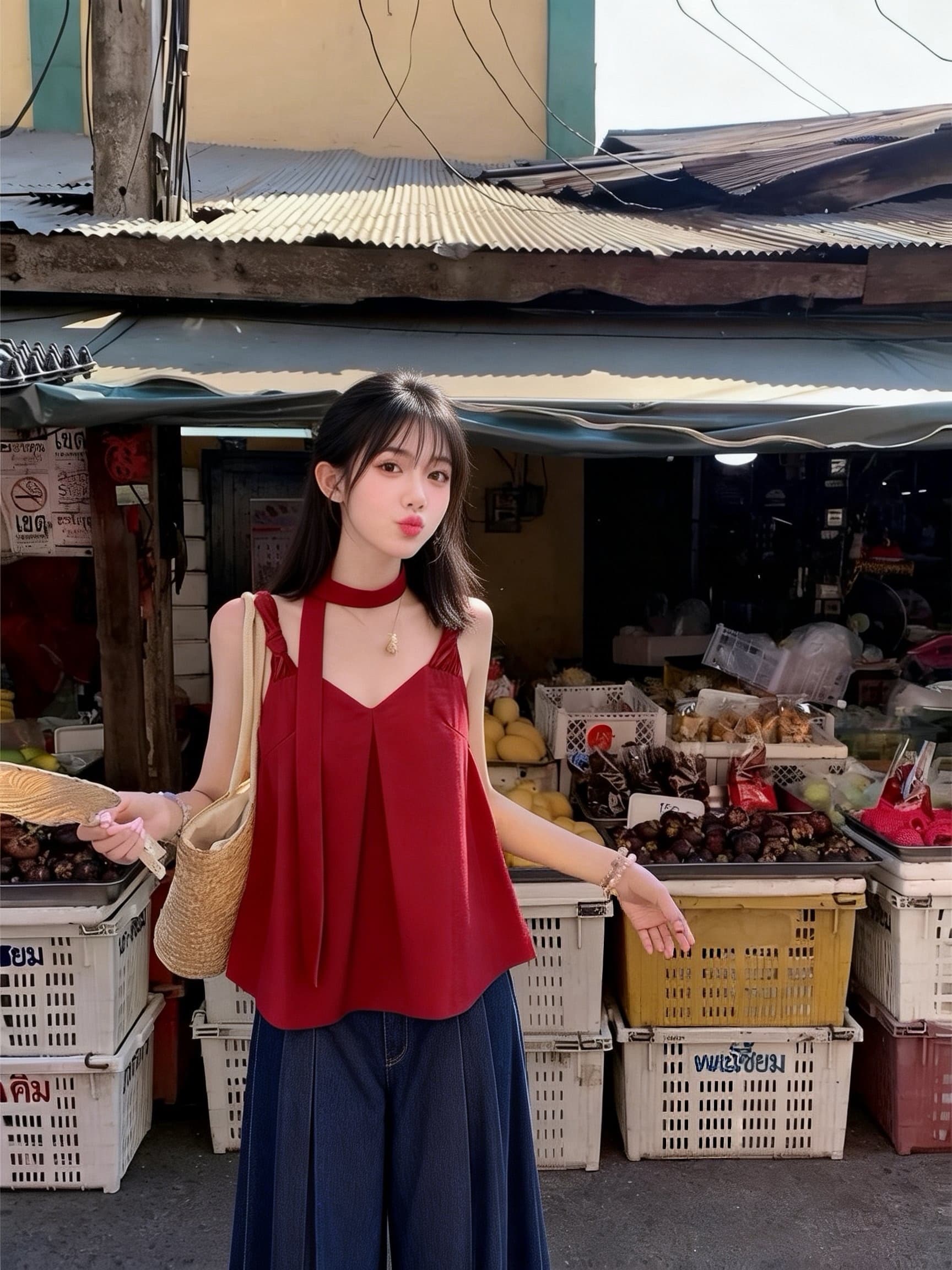 한 스타일 품격 작은 대중 V넥 매듭 캐미솔 느긋한 루즈핏 리본 민소매 맨위 화이트 바지 세트 여성 상세 이미지 13