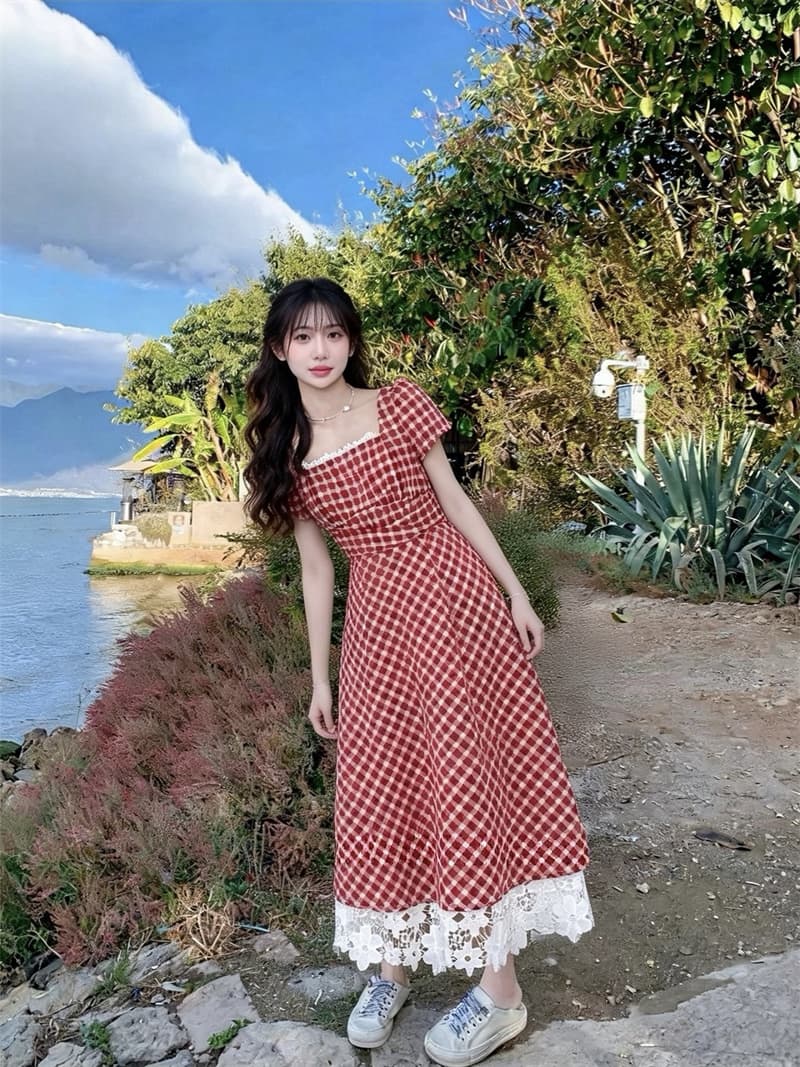 프랑스식 작은 대중 광장 칼라 빨간색 체크무늬 드레스 여름 도파민 작은 키 레트로 꼬집기 허리 스트랩 치마 이미지 3