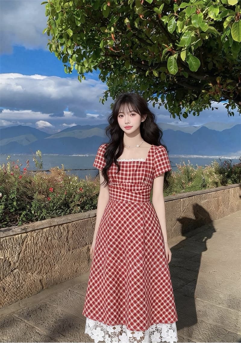 프랑스식 작은 대중 광장 칼라 빨간색 체크무늬 드레스 여름 도파민 작은 키 레트로 꼬집기 허리 스트랩 치마 이미지 4