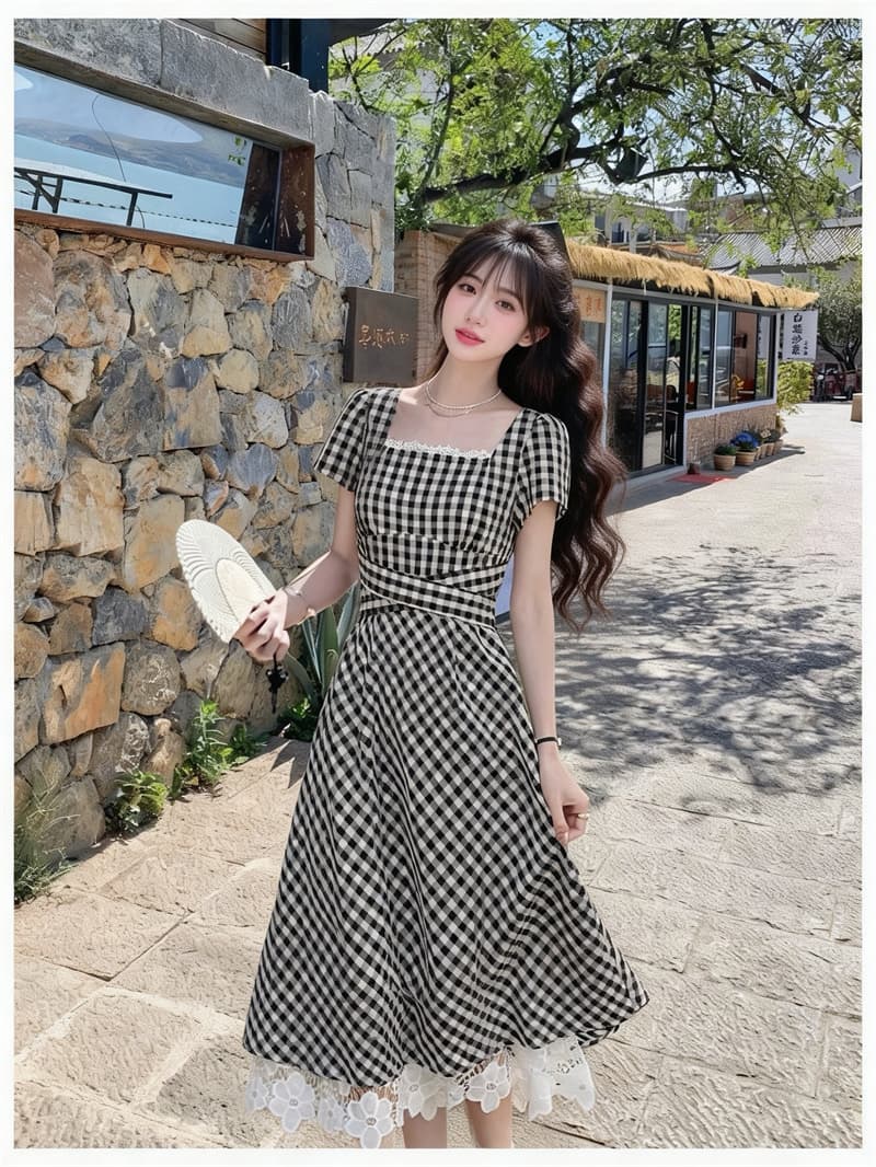 프랑스식 작은 대중 광장 칼라 빨간색 체크무늬 드레스 여름 도파민 작은 키 레트로 꼬집기 허리 스트랩 치마 이미지 5