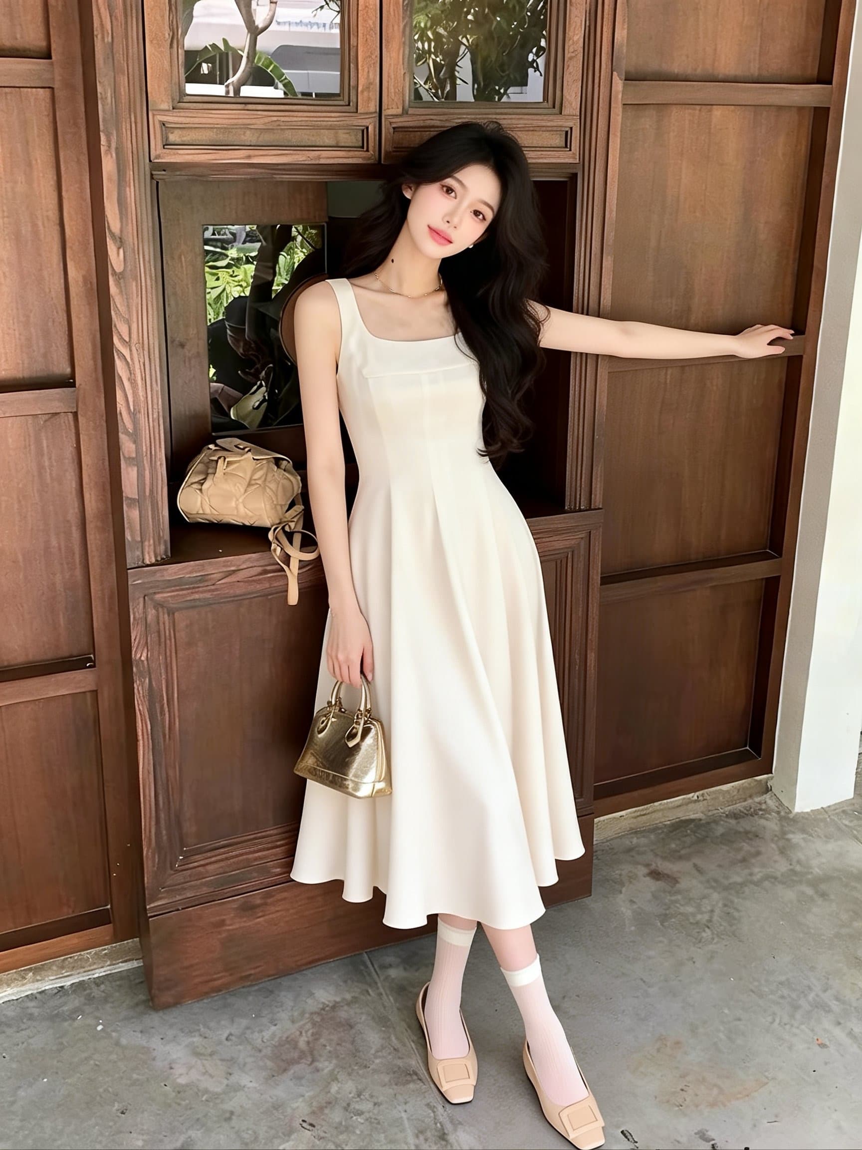 프랑스식 광장 칼라 슬립 품격 허리 수축 작은 키 여성 드레스 여름 하이웨이스트 화이트 롱 스커트