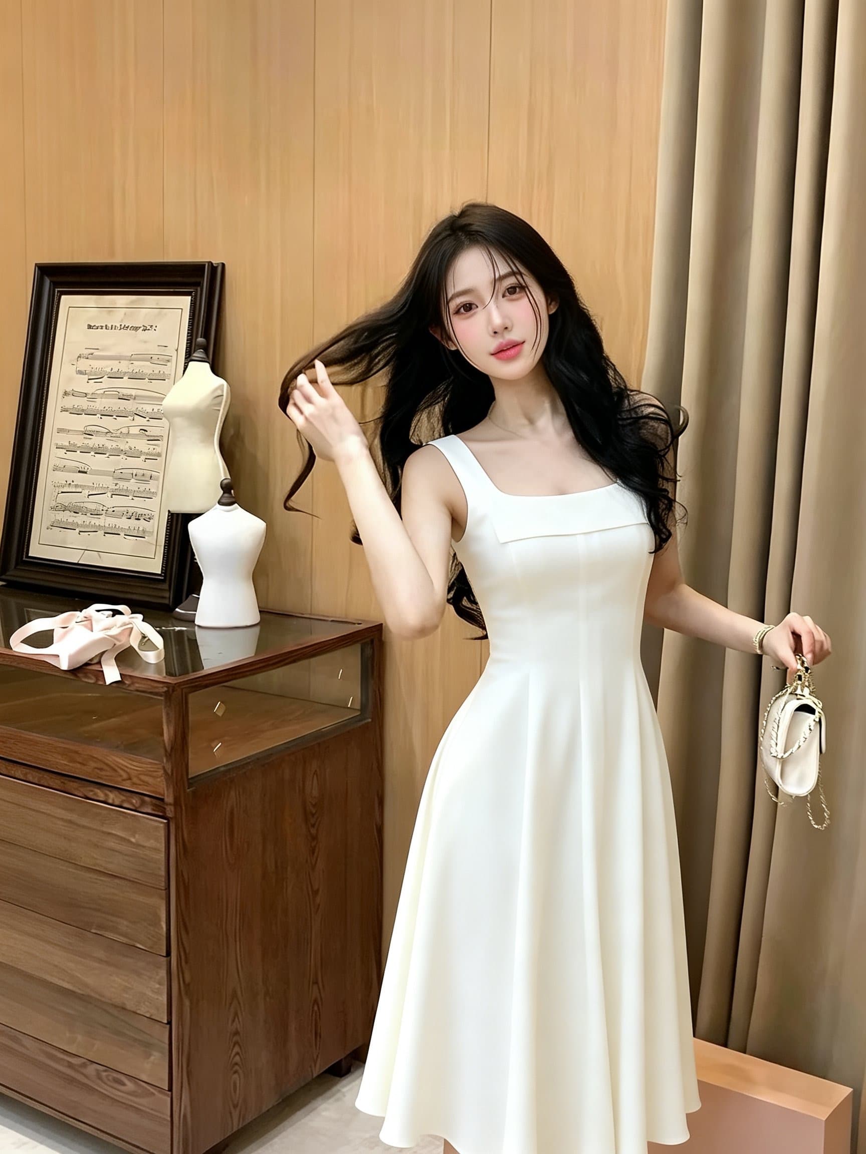 프랑스식 광장 칼라 슬립 품격 허리 수축 작은 키 여성 드레스 여름 하이웨이스트 화이트 롱 스커트 이미지 2