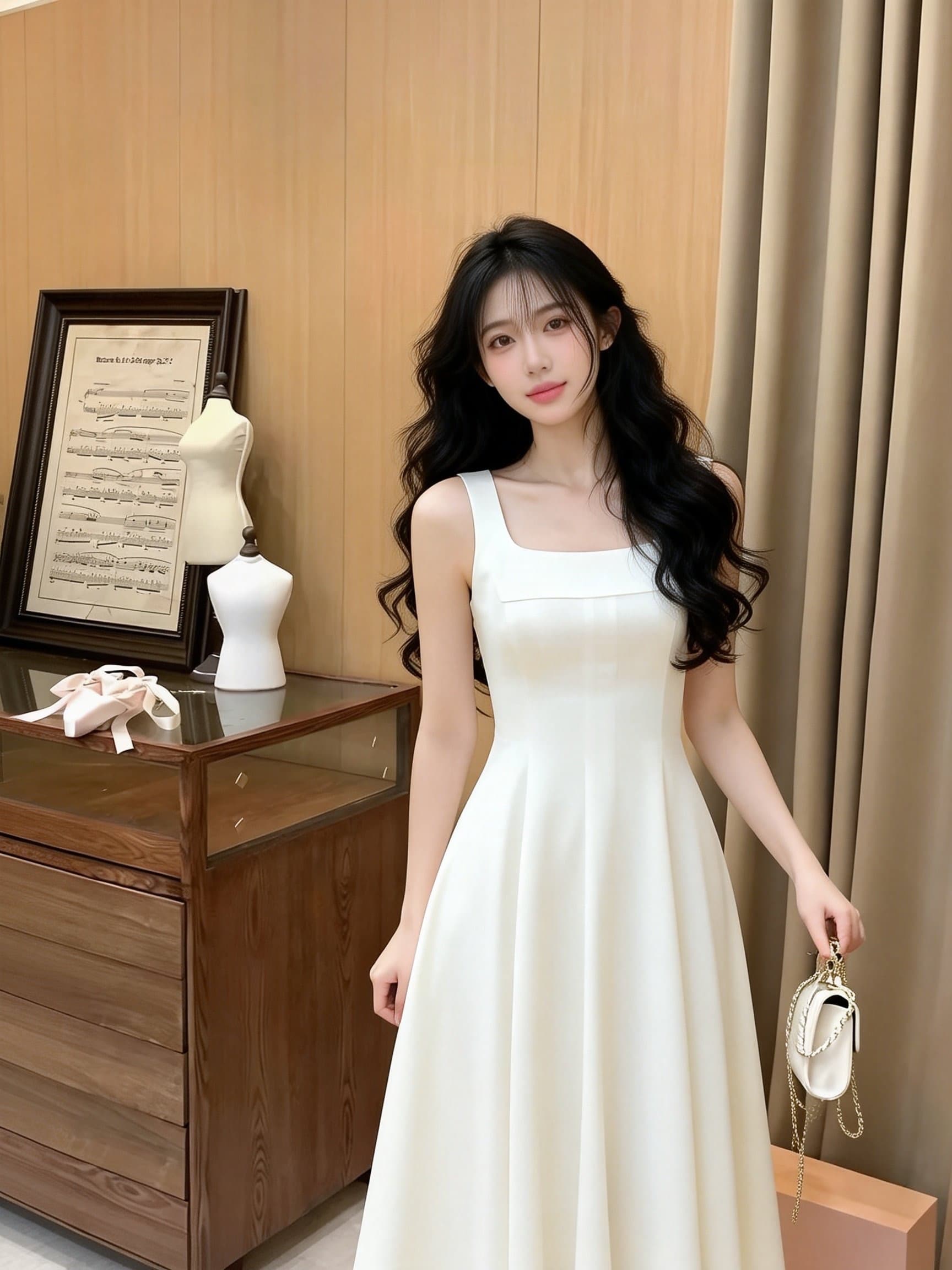 프랑스식 광장 칼라 슬립 품격 허리 수축 작은 키 여성 드레스 여름 하이웨이스트 화이트 롱 스커트 이미지 3