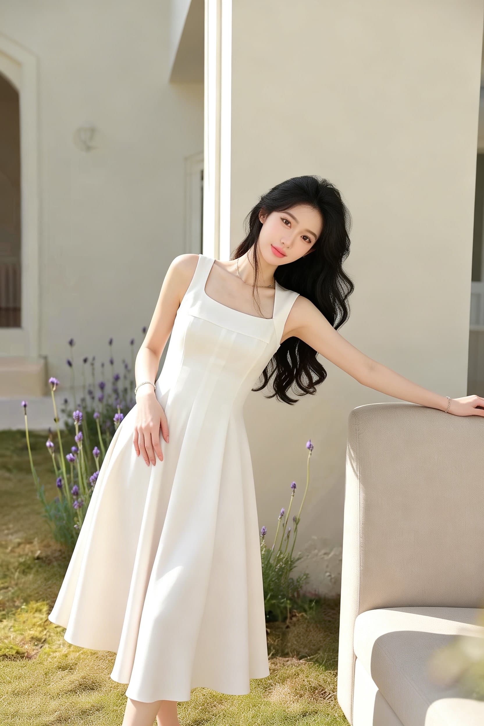 프랑스식 광장 칼라 슬립 품격 허리 수축 작은 키 여성 드레스 여름 하이웨이스트 화이트 롱 스커트 이미지 4