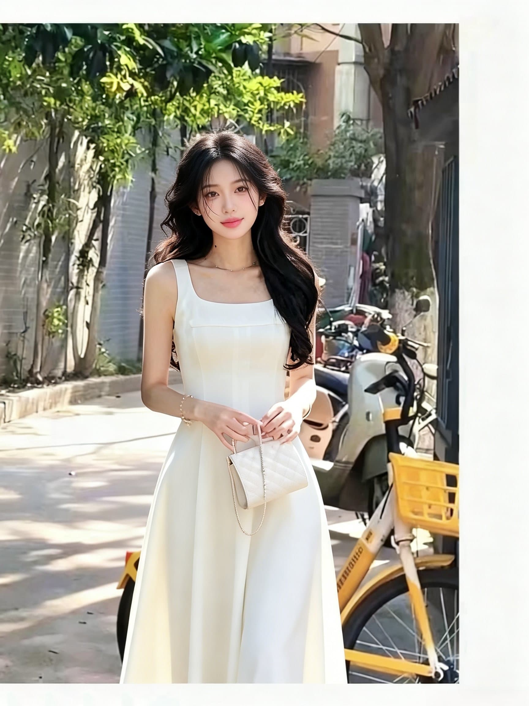 프랑스식 광장 칼라 슬립 품격 허리 수축 작은 키 여성 드레스 여름 하이웨이스트 화이트 롱 스커트 상세 이미지 9