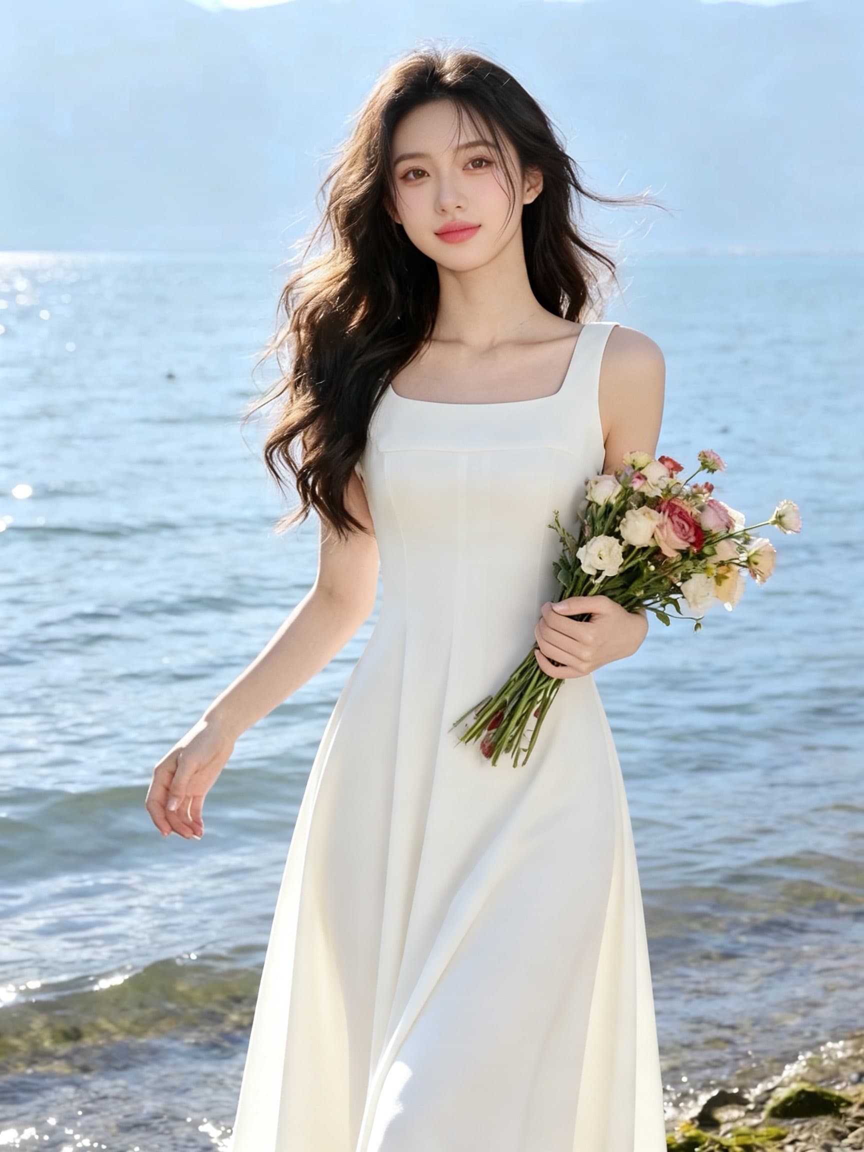 프랑스식 광장 칼라 슬립 품격 허리 수축 작은 키 여성 드레스 여름 하이웨이스트 화이트 롱 스커트 상세 이미지 10