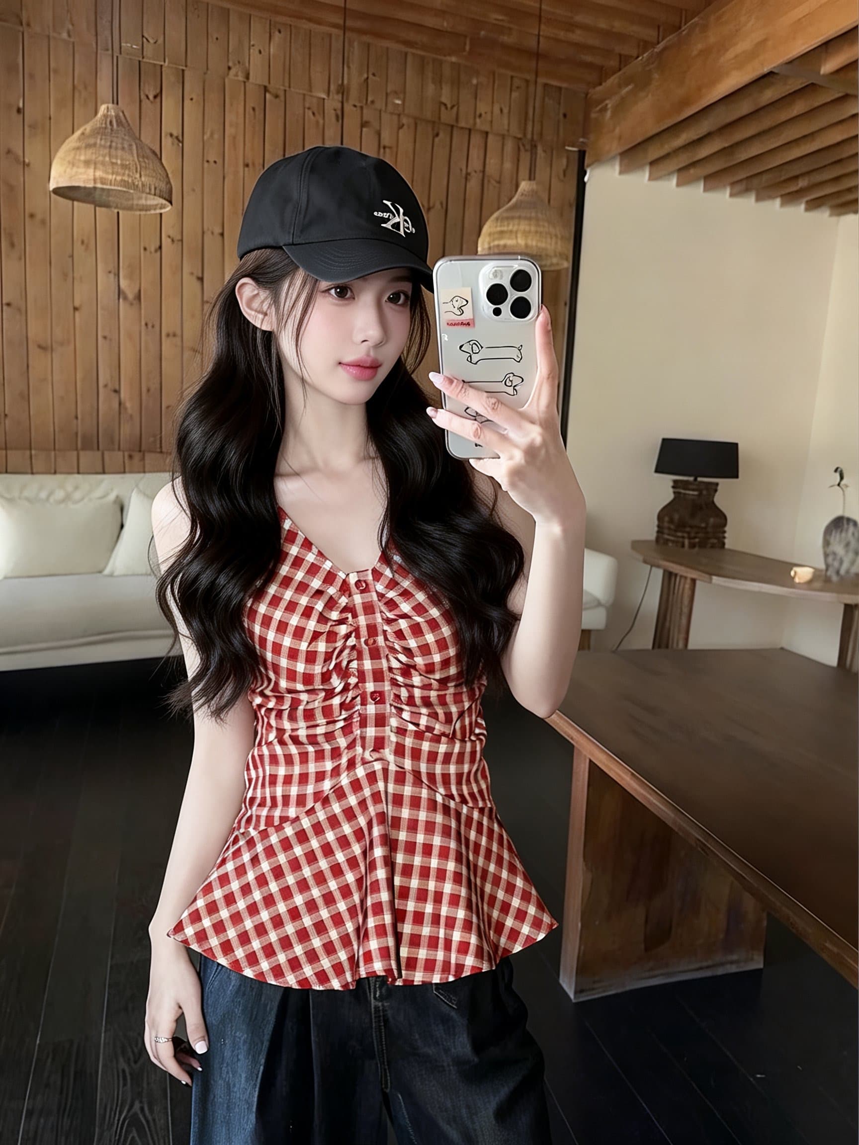 프랑스식 달콤한 매운맛 고유 한 빨간색 그리드 V넥 슬립 주름 작은 셔츠 허리 수축 민소매 조끼 디자인 센스 맨위