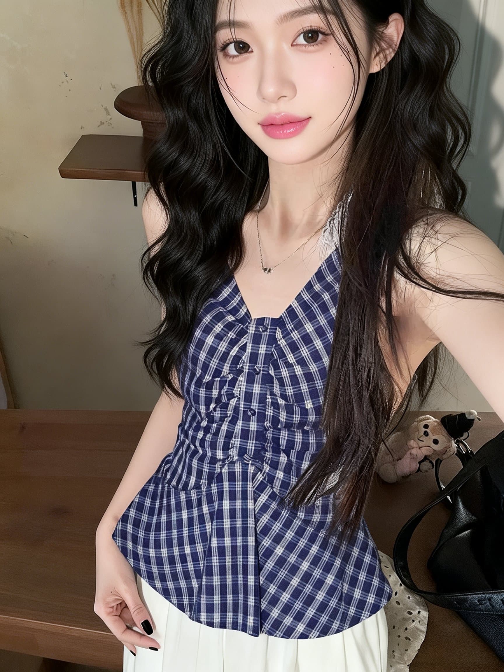 프랑스식 달콤한 매운맛 고유 한 빨간색 그리드 V넥 슬립 주름 작은 셔츠 허리 수축 민소매 조끼 디자인 센스 맨위 이미지 4