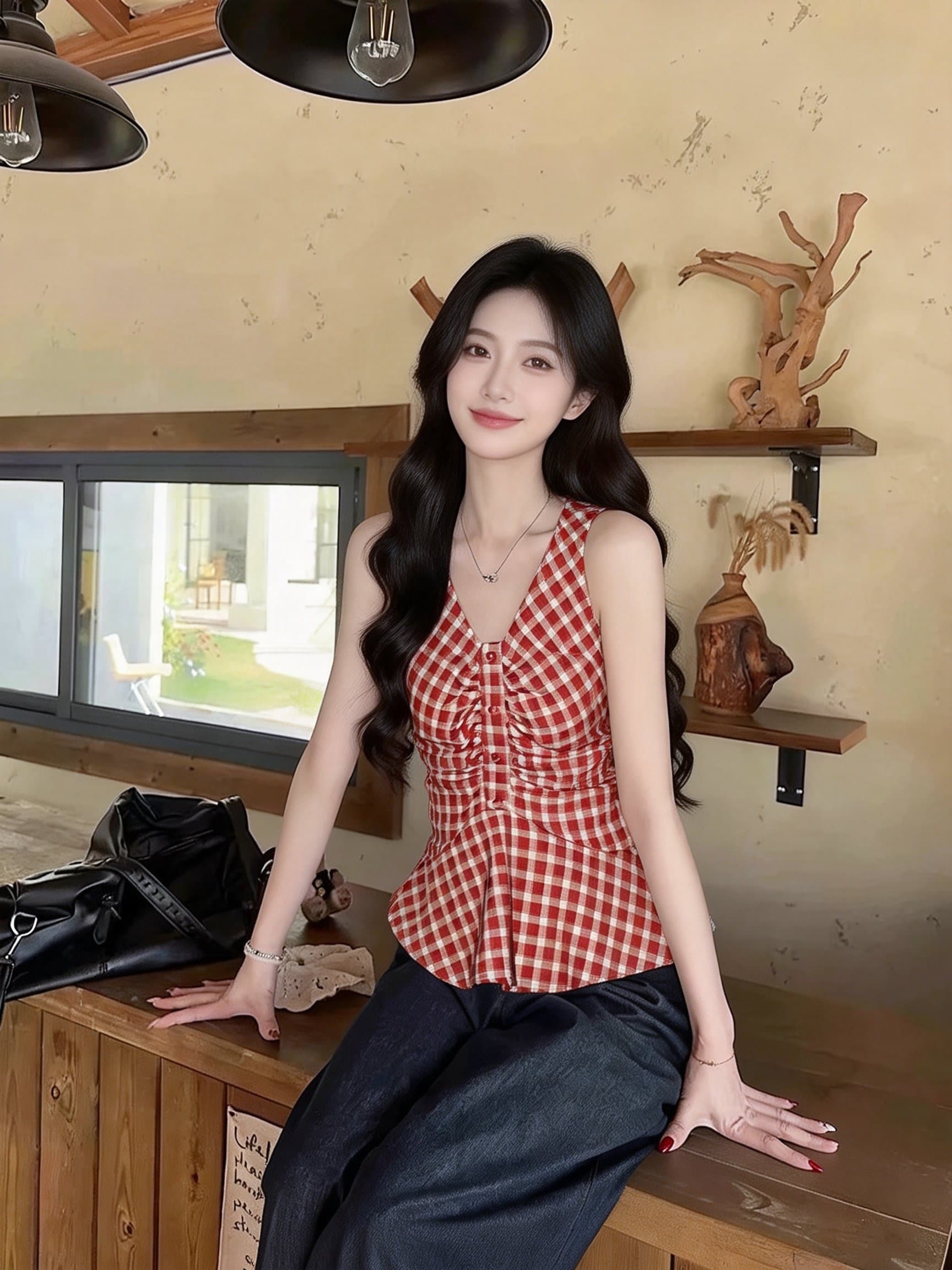 프랑스식 달콤한 매운맛 고유 한 빨간색 그리드 V넥 슬립 주름 작은 셔츠 허리 수축 민소매 조끼 디자인 센스 맨위 상세 이미지 3
