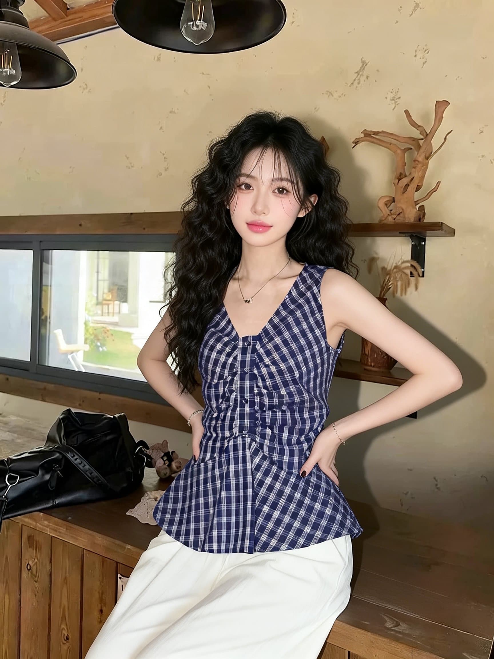 프랑스식 달콤한 매운맛 고유 한 빨간색 그리드 V넥 슬립 주름 작은 셔츠 허리 수축 민소매 조끼 디자인 센스 맨위 상세 이미지 6