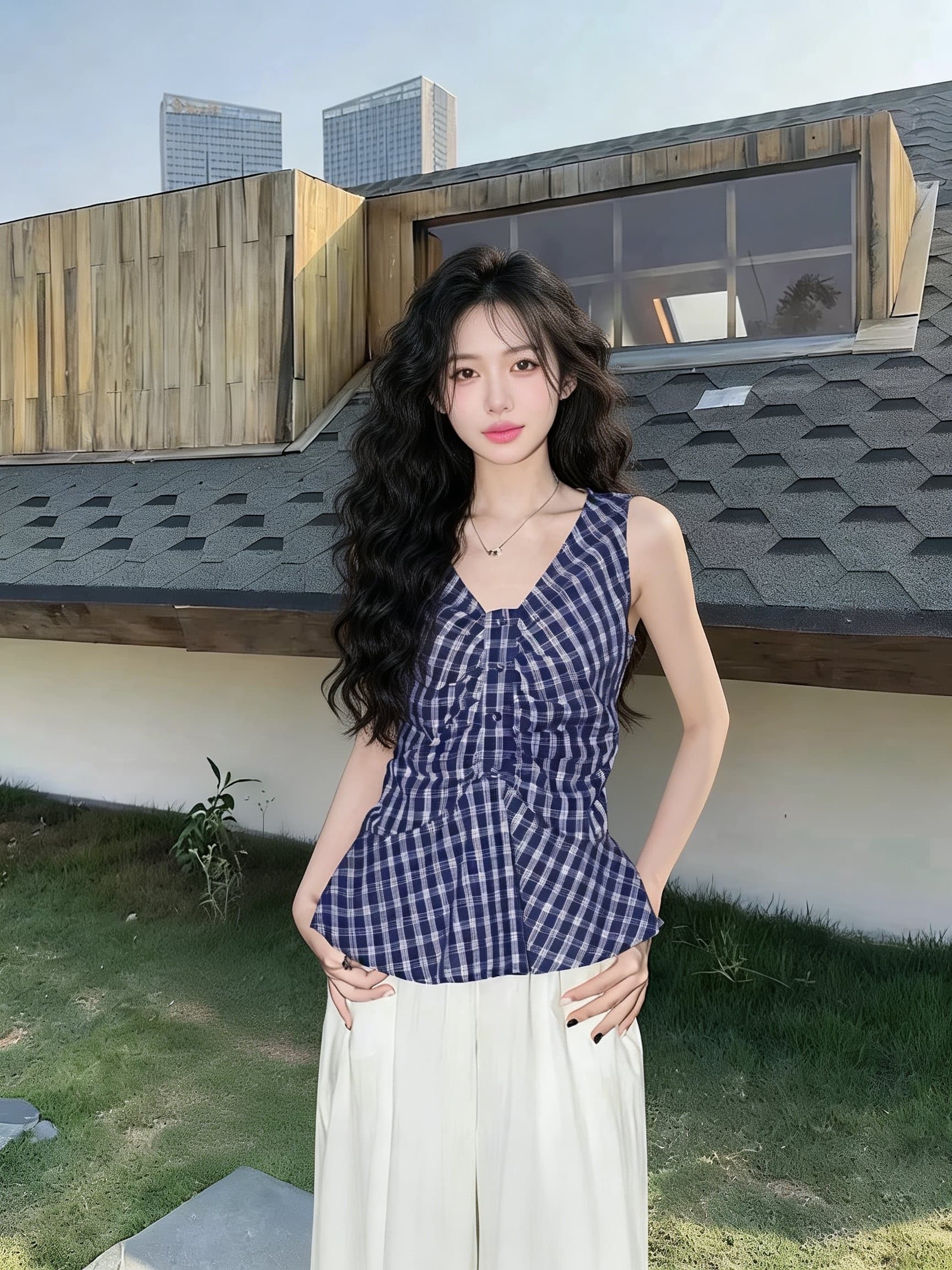 프랑스식 달콤한 매운맛 고유 한 빨간색 그리드 V넥 슬립 주름 작은 셔츠 허리 수축 민소매 조끼 디자인 센스 맨위 상세 이미지 7