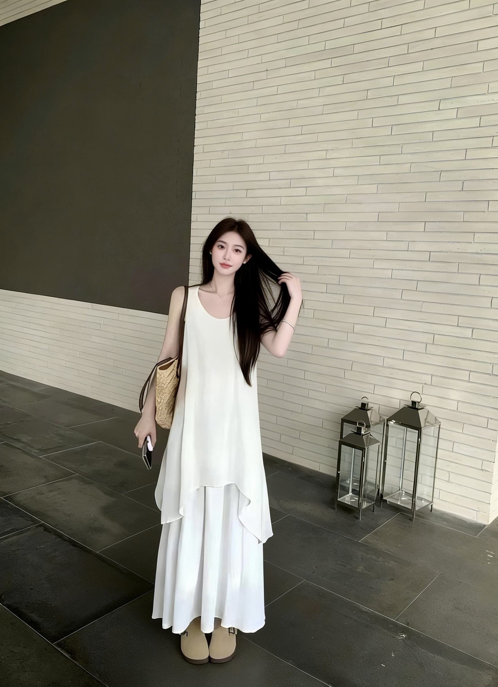 휴가 바람 화이트 세트 여성 드레스 고급 센스 루즈핏 민소매 조끼 불규칙 반신 스커트 투피스 세트 상세 이미지 6