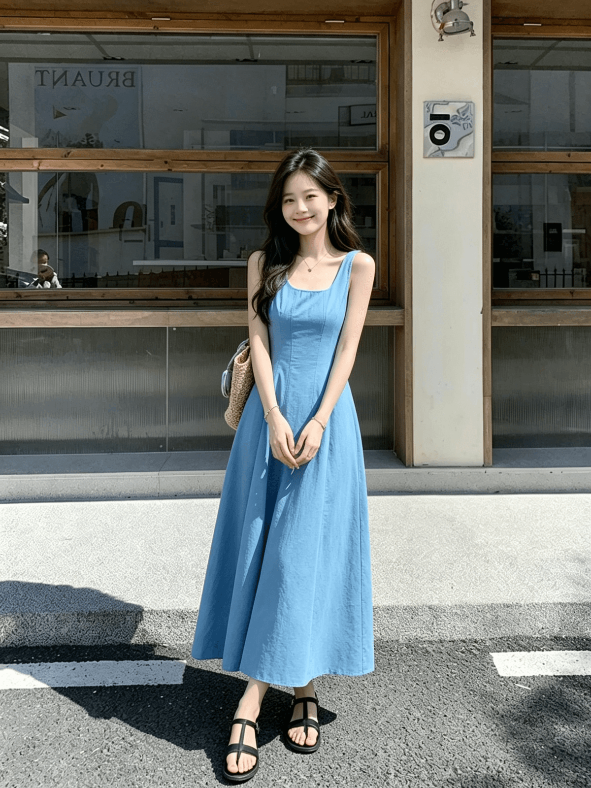 2026 여름 패션 u 칼라 여행 휴가 민소매 허리 수축 한 마디 빅 플레어 스커트 조끼 여성 드레스 이미지 2