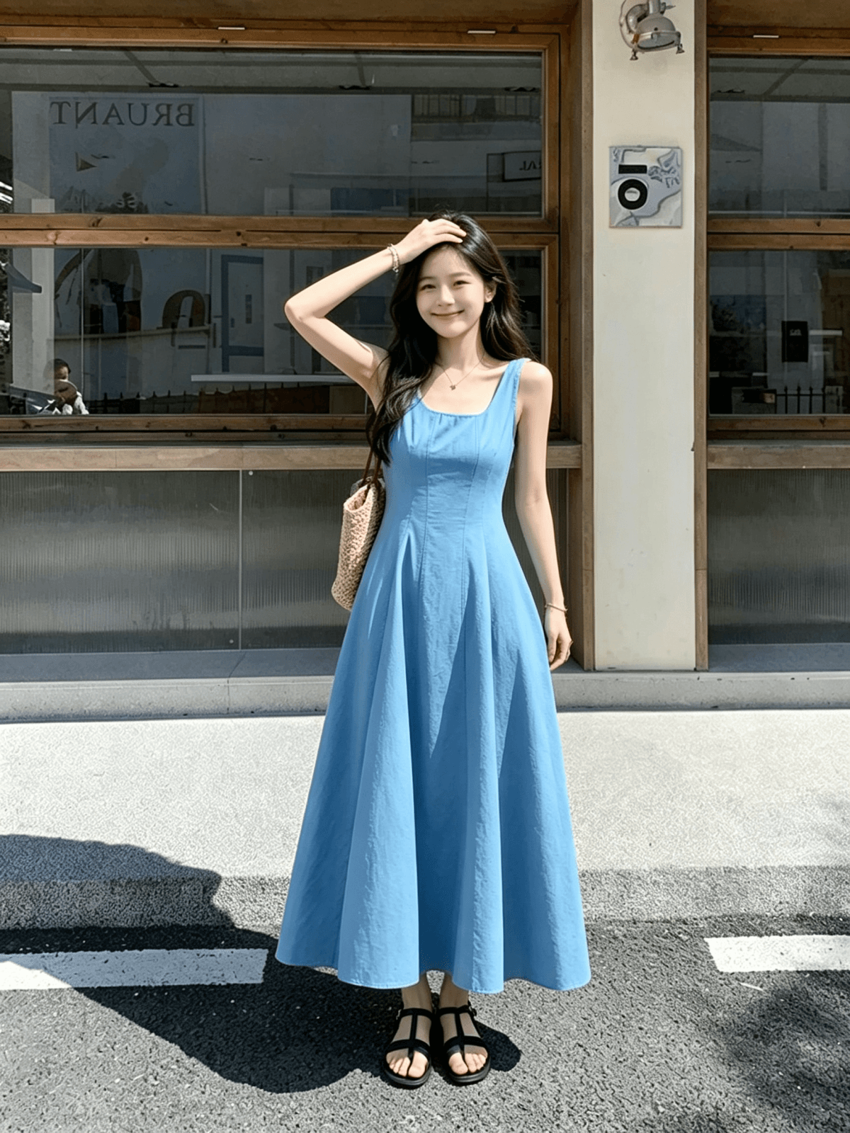 2026 여름 패션 u 칼라 여행 휴가 민소매 허리 수축 한 마디 빅 플레어 스커트 조끼 여성 드레스 이미지 3