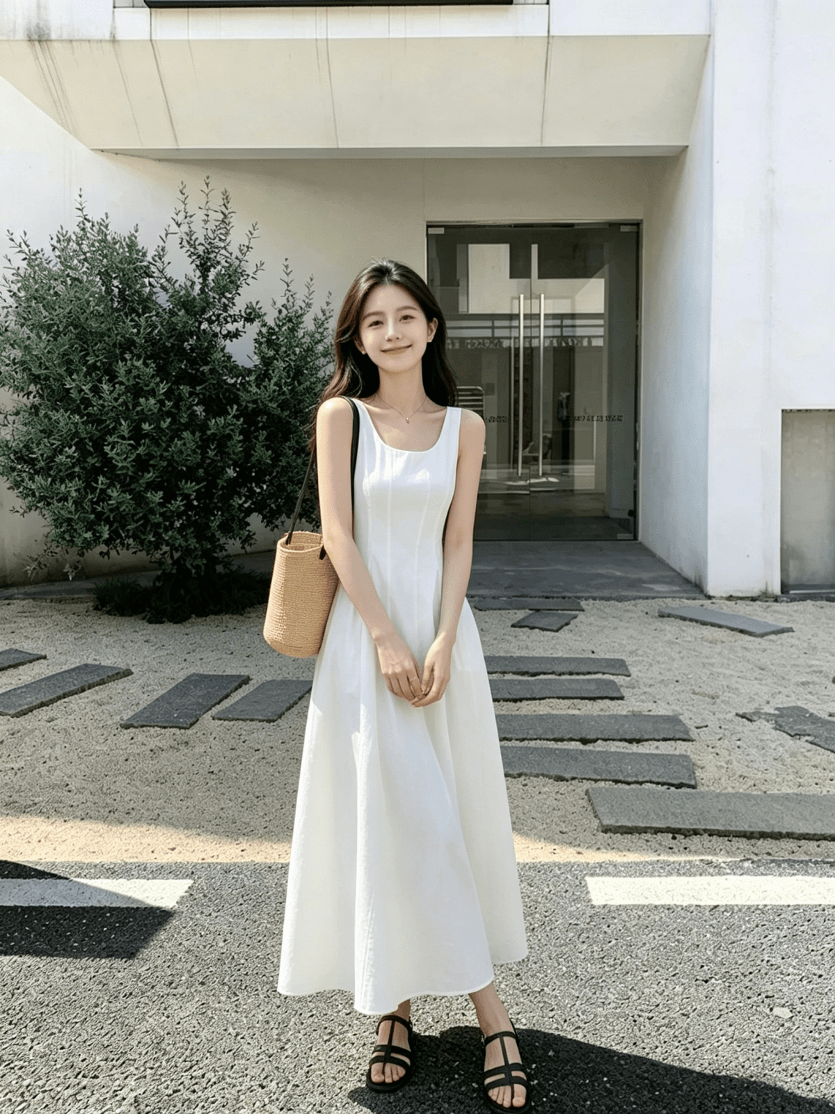 2026 여름 패션 u 칼라 여행 휴가 민소매 허리 수축 한 마디 빅 플레어 스커트 조끼 여성 드레스 이미지 2
