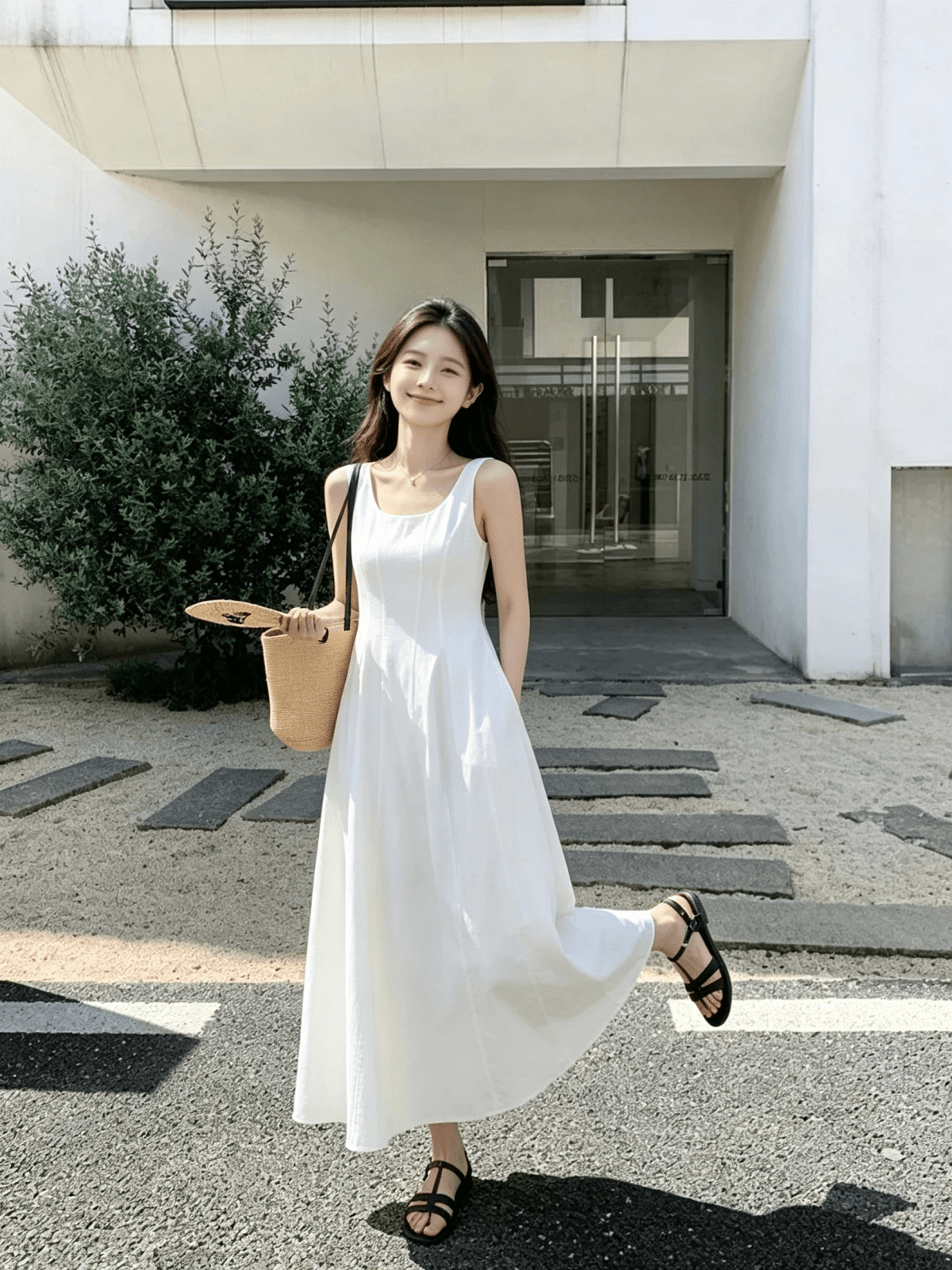 2026 여름 패션 u 칼라 여행 휴가 민소매 허리 수축 한 마디 빅 플레어 스커트 조끼 여성 드레스 이미지 3