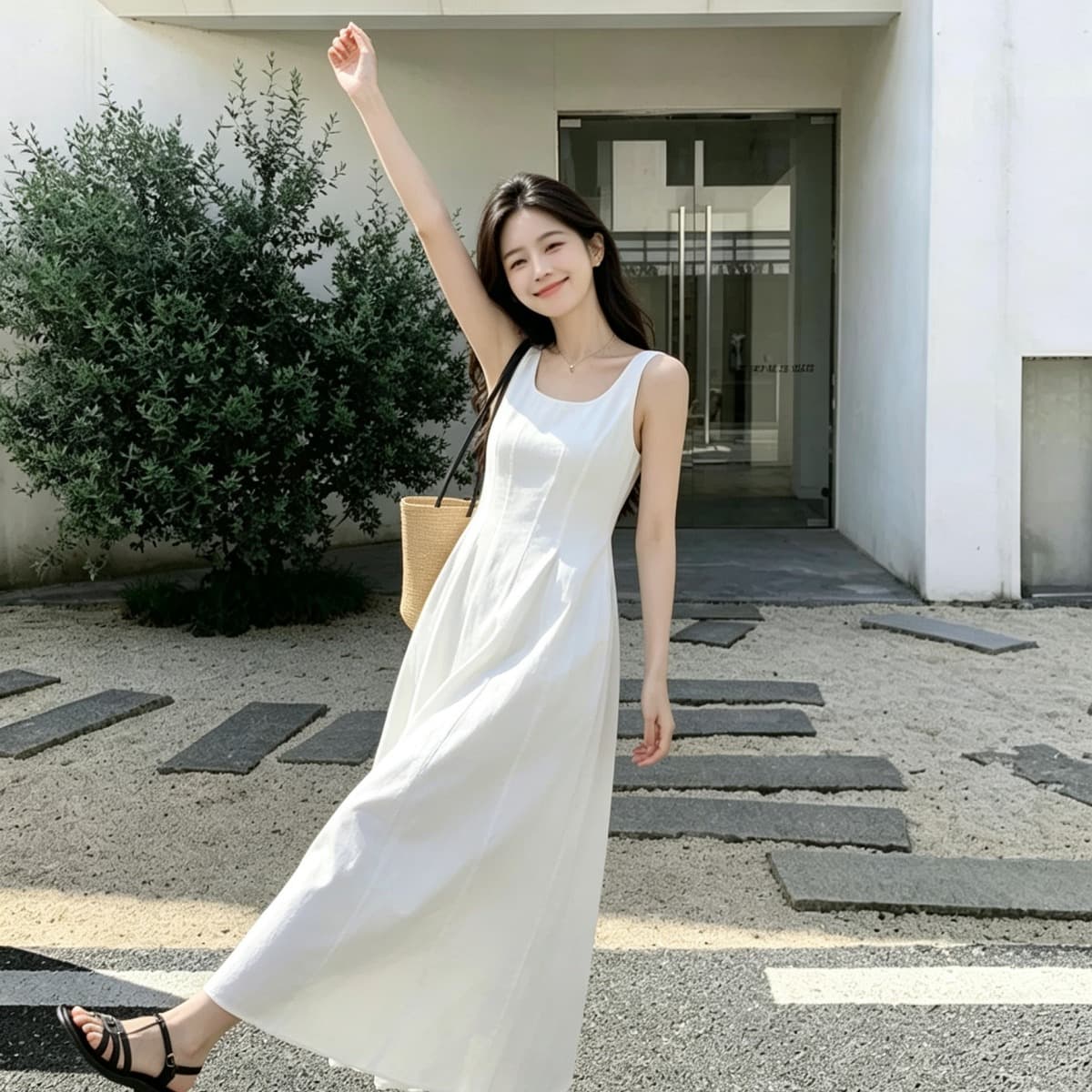 2026 여름 패션 u 칼라 여행 휴가 민소매 허리 수축 한 마디 빅 플레어 스커트 조끼 여성 드레스 이미지 5