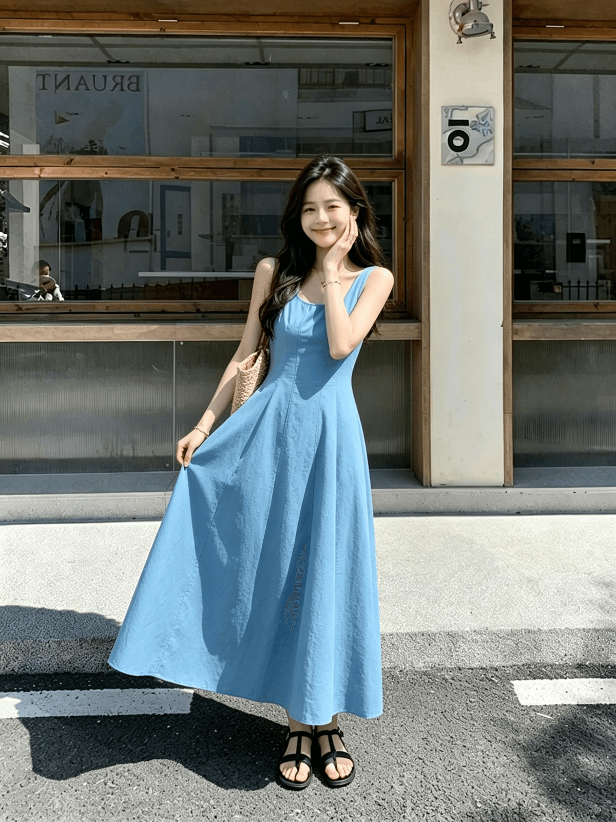 2026 여름 패션 u 칼라 여행 휴가 민소매 허리 수축 한 마디 빅 플레어 스커트 조끼 여성 드레스 이미지 4