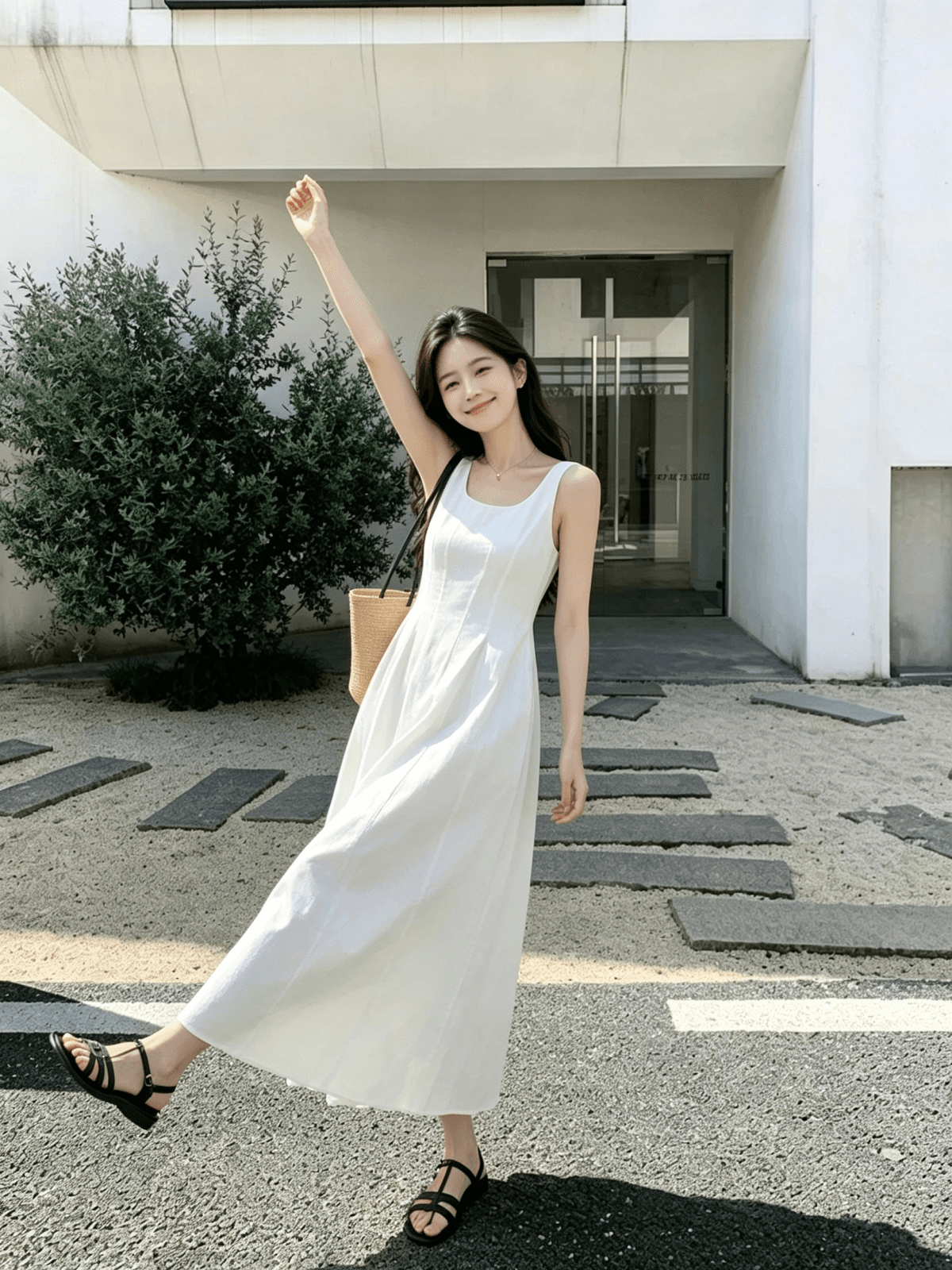 2026 여름 패션 u 칼라 여행 휴가 민소매 허리 수축 한 마디 빅 플레어 스커트 조끼 여성 드레스 상세 이미지 1
