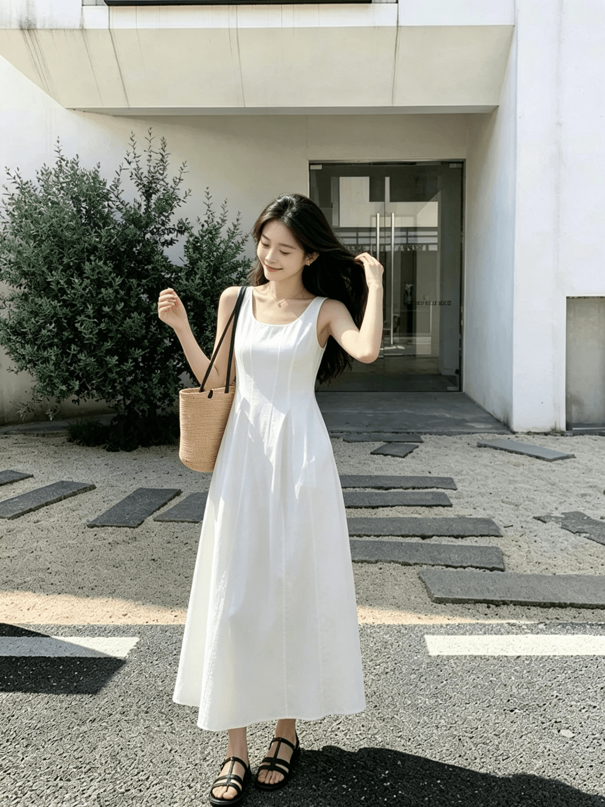 2026 여름 패션 u 칼라 여행 휴가 민소매 허리 수축 한 마디 빅 플레어 스커트 조끼 여성 드레스 상세 이미지 14