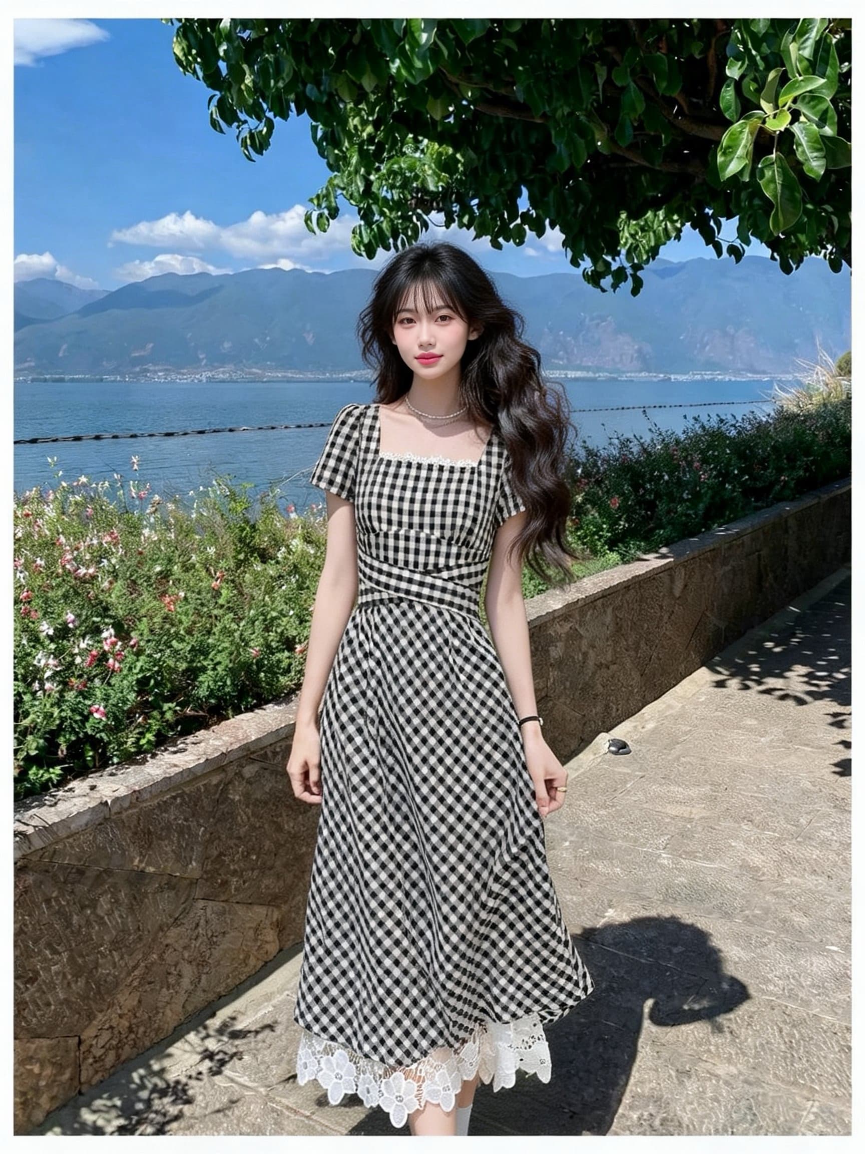 프랑스식 작은 대중 광장 칼라 검정색 체크무늬 드레스 여름 도파민 작은 키 레트로 꼬집기 허리 스트랩 치마 이미지 4