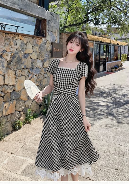 프랑스식 작은 대중 광장 칼라 검정색 체크무늬 드레스 여름 도파민 작은 키 레트로 꼬집기 허리 스트랩 치마 이미지 5