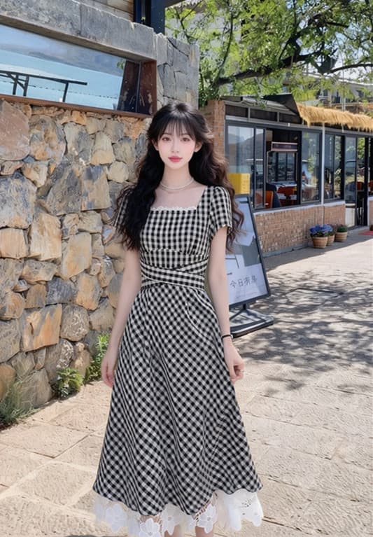 프랑스식 작은 대중 광장 칼라 검정색 체크무늬 드레스 여름 도파민 작은 키 레트로 꼬집기 허리 스트랩 치마 상세 이미지 1