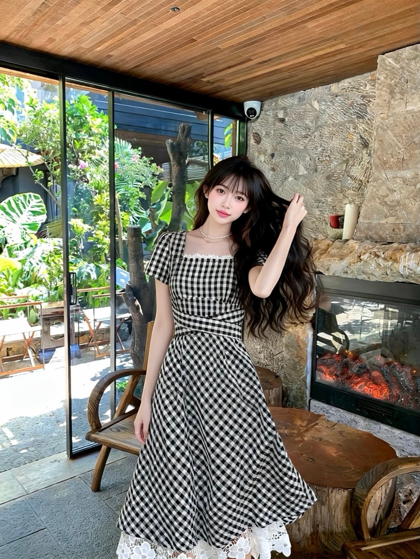 프랑스식 작은 대중 광장 칼라 검정색 체크무늬 드레스 여름 도파민 작은 키 레트로 꼬집기 허리 스트랩 치마 상세 이미지 9