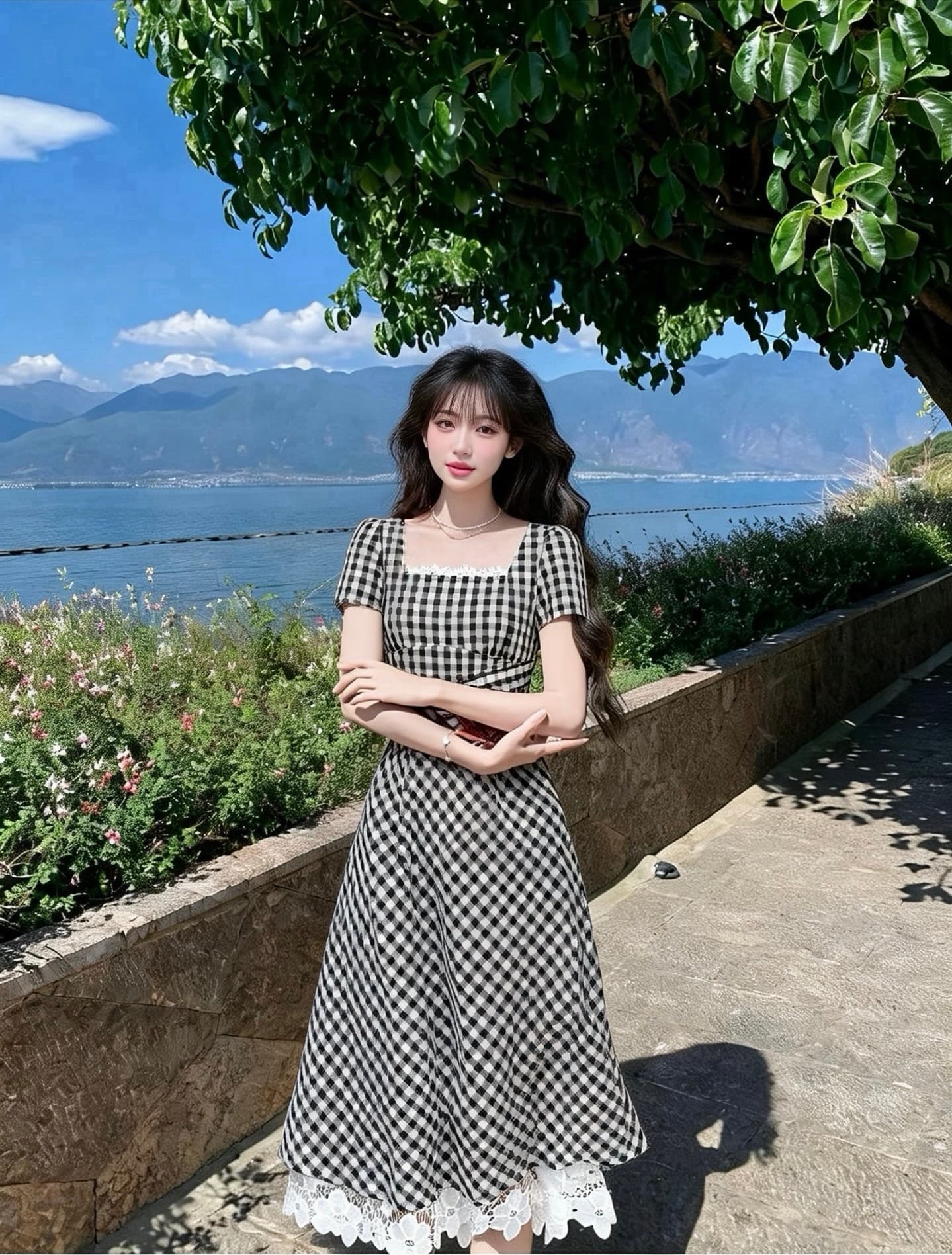 프랑스식 작은 대중 광장 칼라 검정색 체크무늬 드레스 여름 도파민 작은 키 레트로 꼬집기 허리 스트랩 치마 상세 이미지 11