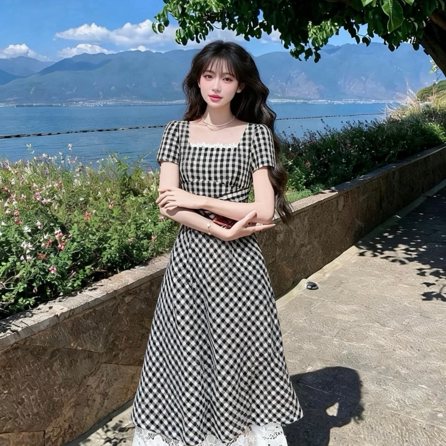 프랑스식 작은 대중 광장 칼라 검정색 체크무늬 드레스 여름 도파민 작은 키 레트로 꼬집기 허리 스트랩 치마 이미지 2