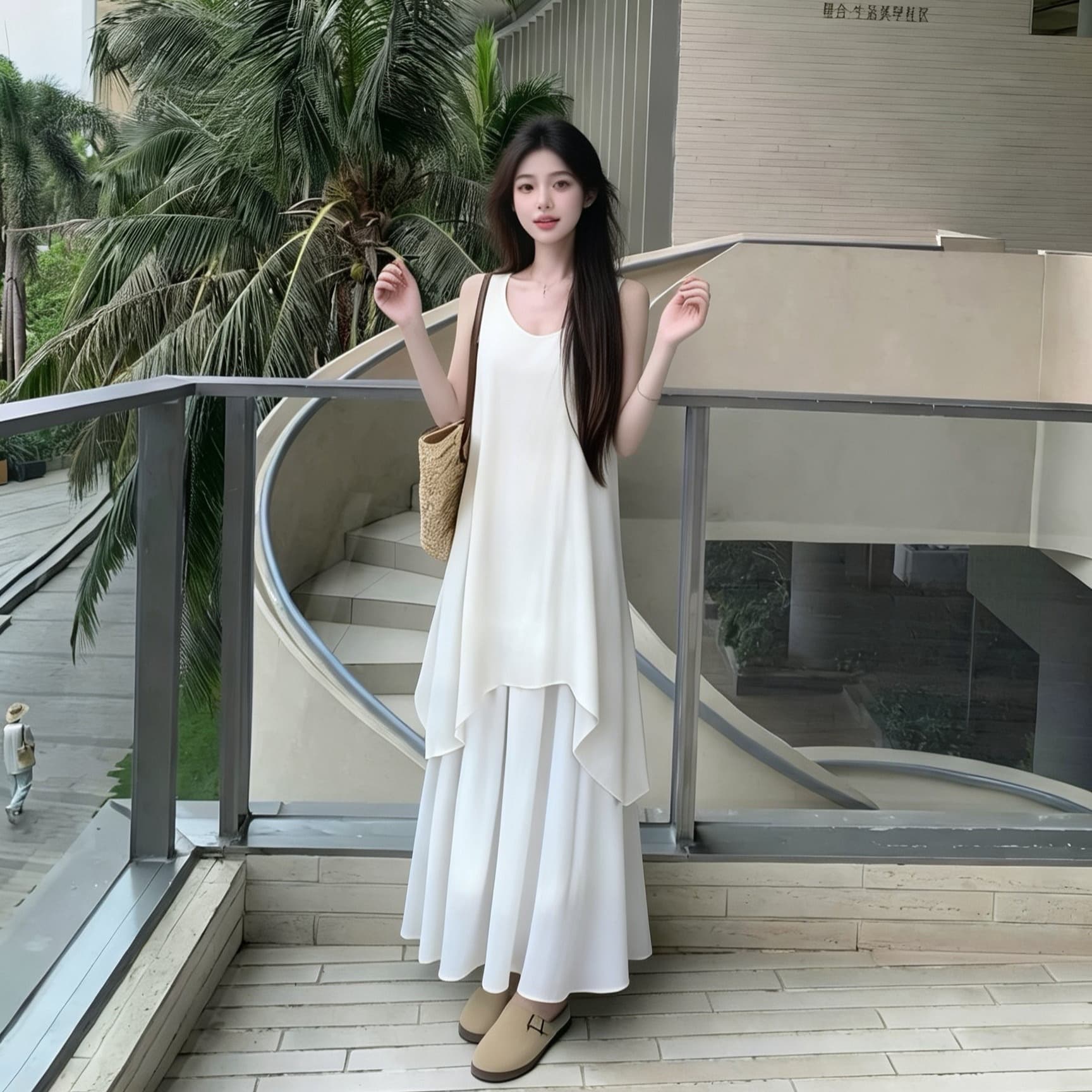 휴가 바람 화이트 세트 여성 드레스 고급 센스 루즈핏 민소매 조끼 불규칙 반신 스커트 투피스 세트 이미지 6
