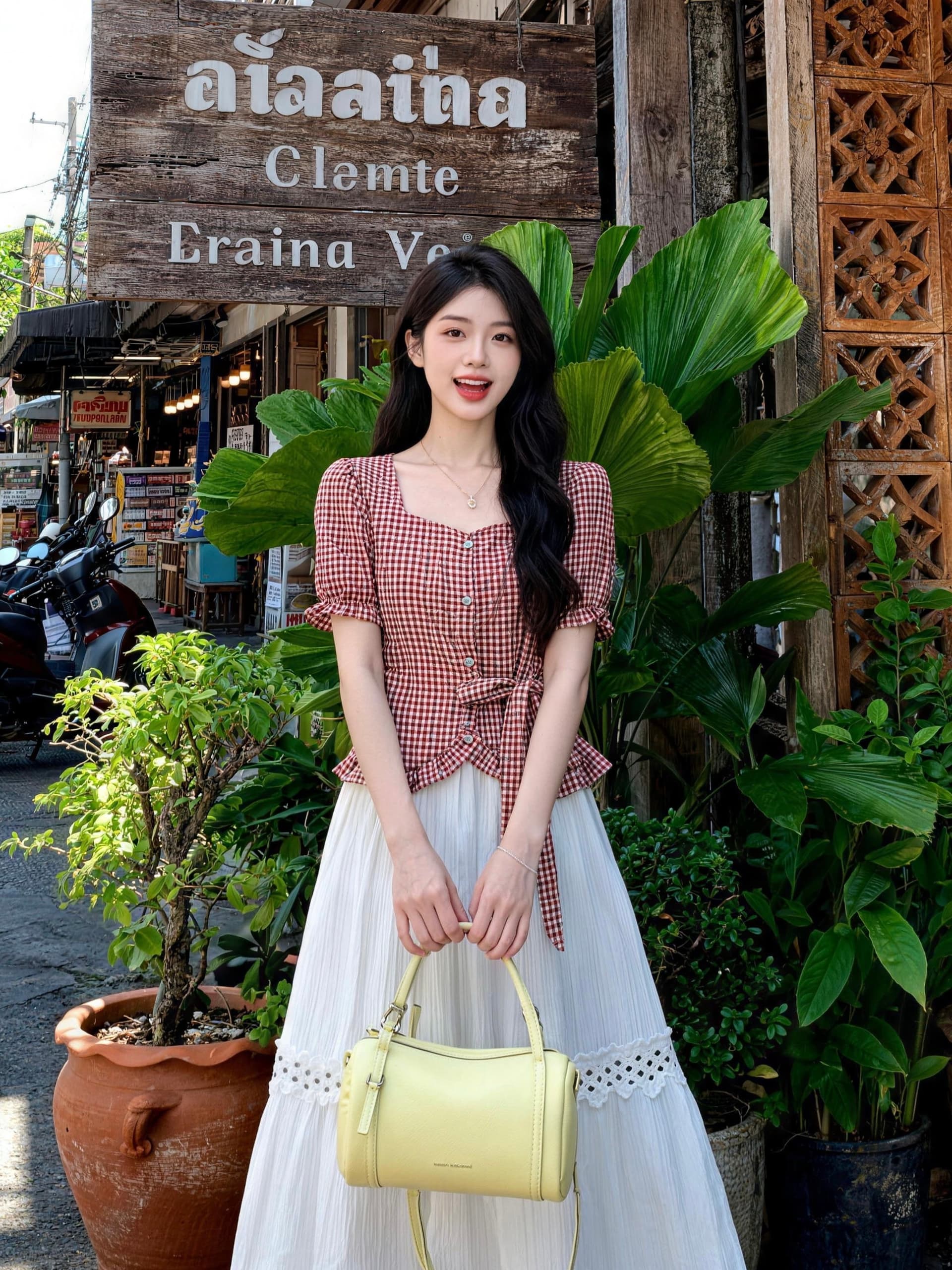 프랑스식 광장 칼라 체크무늬 불규칙 허리 수축 스트랩 거품 소매 반팔 셔츠 여름 세트 여성 반신 치마 이미지 4