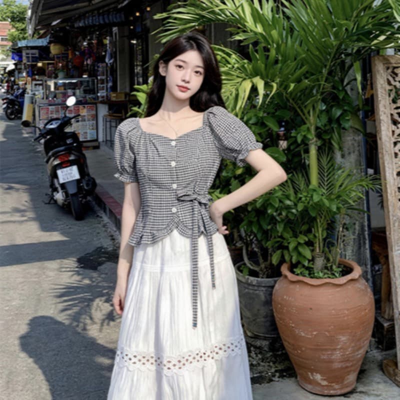 프랑스식 광장 칼라 체크무늬 불규칙 허리 수축 스트랩 거품 소매 반팔 셔츠 여름 세트 여성 반신 치마 이미지 5
