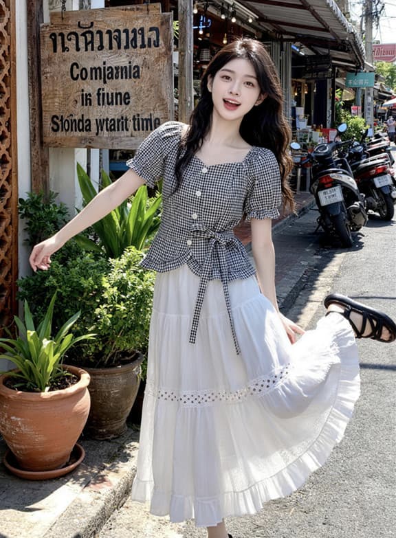 프랑스식 광장 칼라 체크무늬 불규칙 허리 수축 스트랩 거품 소매 반팔 셔츠 여름 세트 여성 반신 치마 이미지 2
