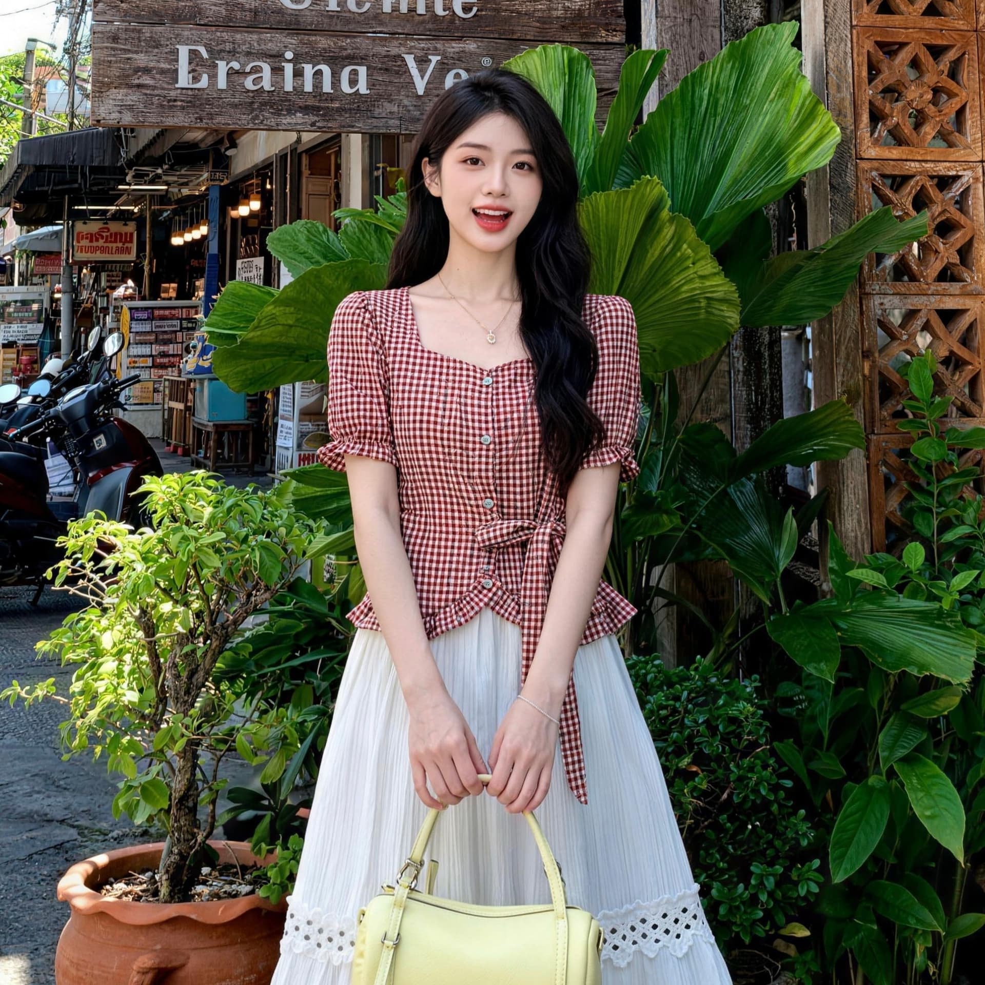 프랑스식 광장 칼라 체크무늬 불규칙 허리 수축 스트랩 거품 소매 반팔 셔츠 여름 세트 여성 반신 치마 이미지 4