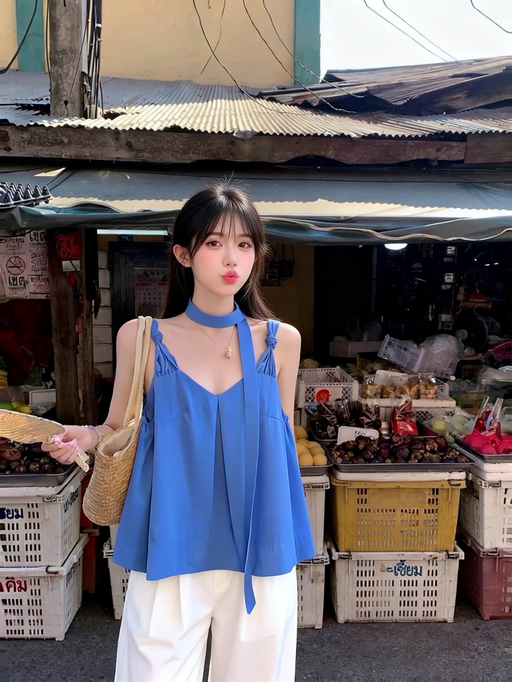 한 스타일 품격 작은 대중 V넥 매듭 캐미솔 느긋한 루즈핏 리본 민소매 맨위 화이트 바지 세트 여성 이미지 3